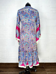 Recycle Boho House Robe Kimono Vintage Silk Sari Dressing Gown, Beach Coverup, Bridesmaid, Anniversary Gift Her | Mandala Print Blue Pink