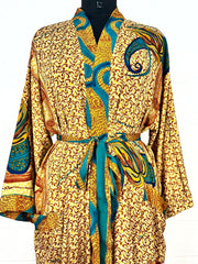 Recycle Boho House Robe Kimono Vintage Silk Sari Dressing Gown, Beach Coverup, Bridesmaid, Anniversary Gift Her | Paisley Print
