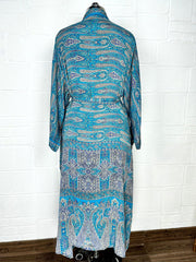 Recycle Boho House Robe Kimono Vintage Silk Sari Dressing Gown, Beach Coverup, Bridesmaid, Anniversary Gift Her | Paisley Print Blue Grey
