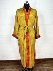 Recycle Boho House Robe Kimono Vintage Silk Sari Dressing Gown, Beach Coverup, Bridesmaid, Anniversary Gift Her | Seigaiha Print