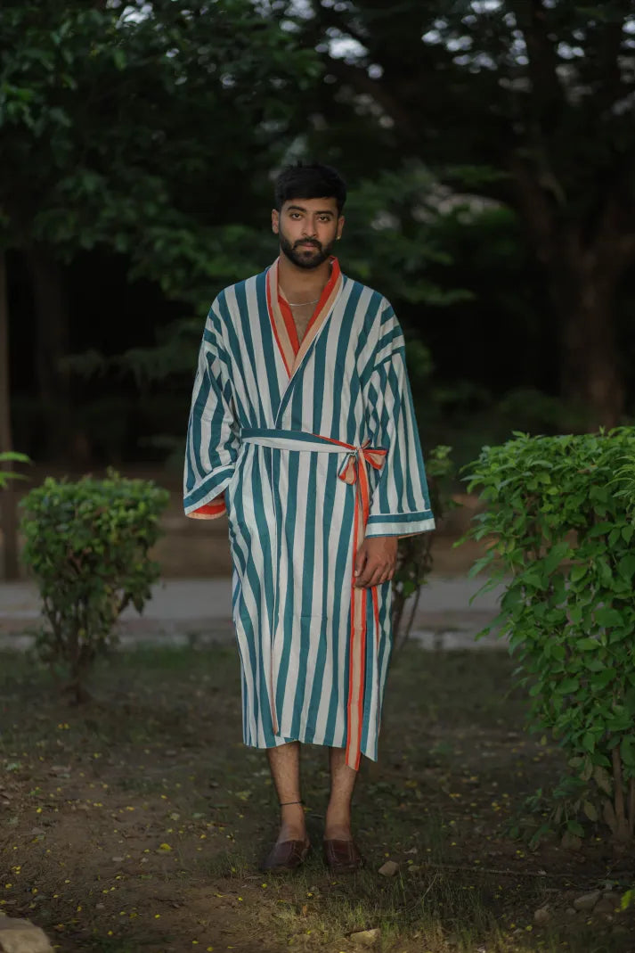 Men's Long Cotton Kimono Robe, Striped and Reversible, Boho Loungewear with Pockets, One Size Breathable Lightweight Beach Resort Spa Outfit