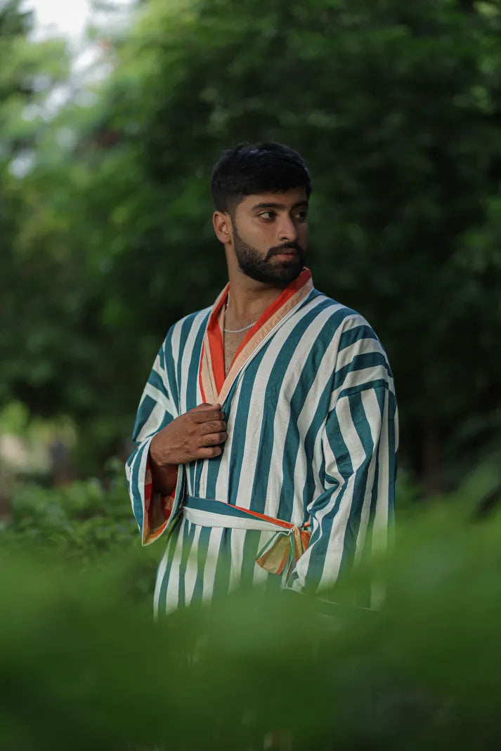 Men's Long Cotton Kimono Robe, Striped and Reversible, Boho Loungewear with Pockets, One Size Breathable Lightweight Beach Resort Spa Outfit