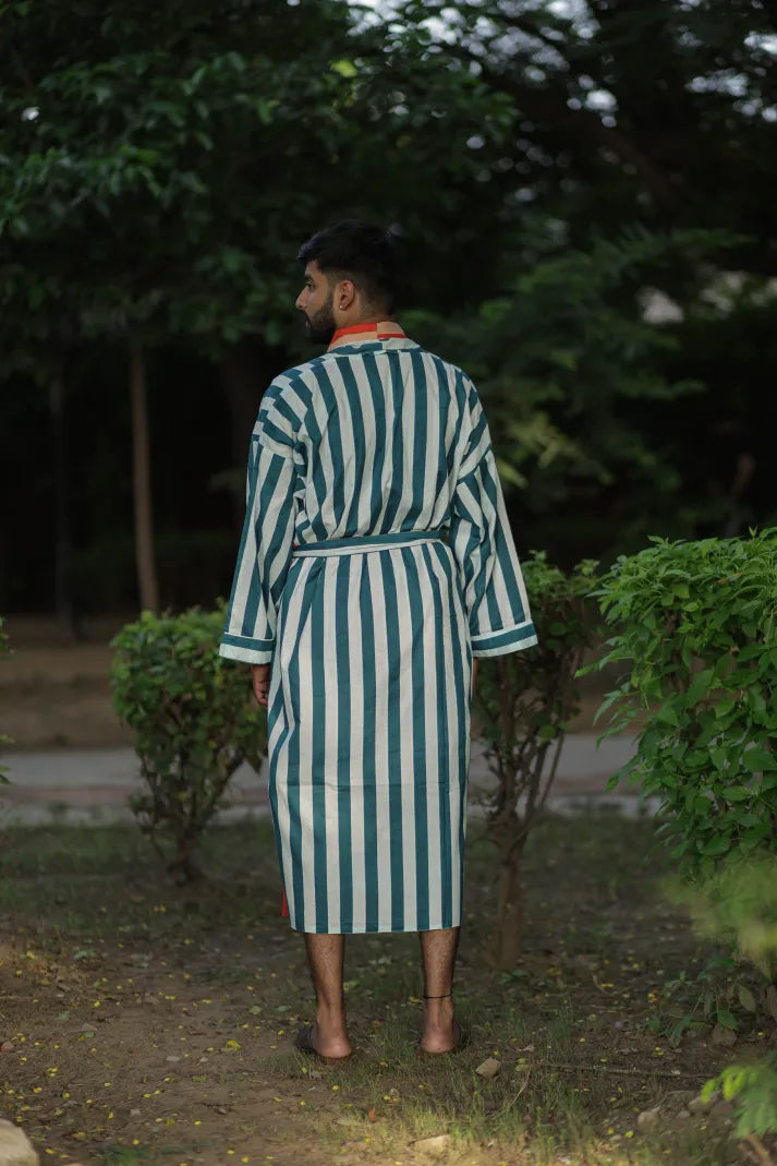 Men's Long Cotton Kimono Robe, Striped and Reversible, Boho Loungewear with Pockets, One Size Breathable Lightweight Beach Resort Spa Outfit