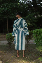 Men's Long Cotton Kimono Robe, Striped and Reversible, Boho Loungewear with Pockets, One Size Breathable Lightweight Beach Resort Spa Outfit