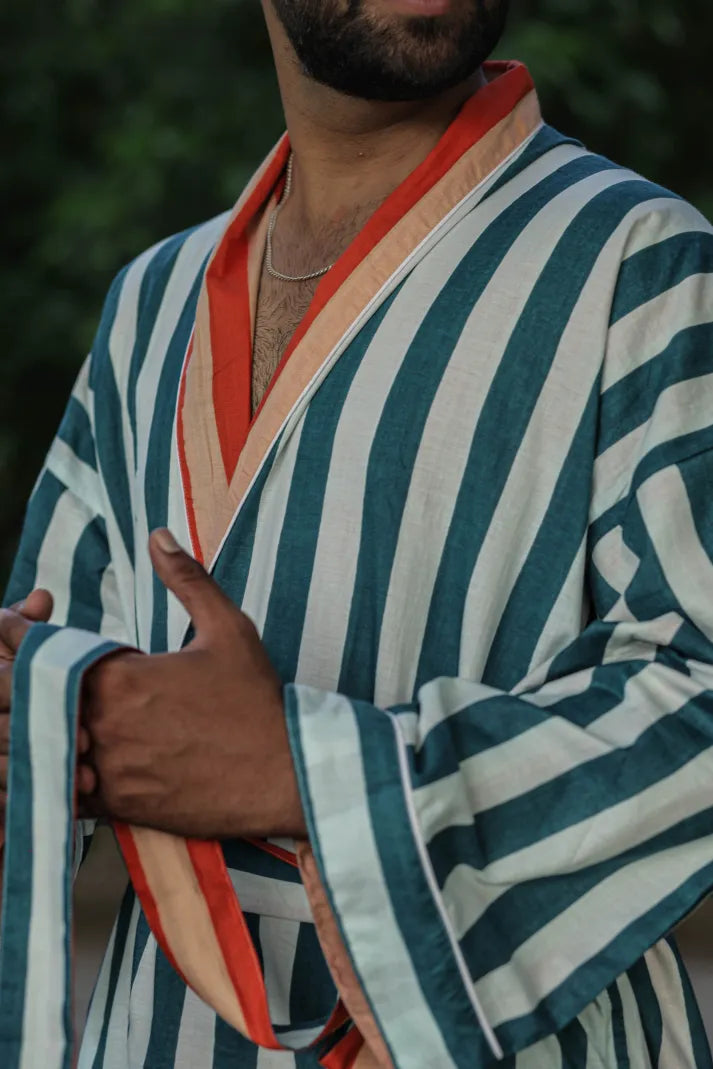 Men's Long Cotton Kimono Robe, Striped and Reversible, Boho Loungewear with Pockets, One Size Breathable Lightweight Beach Resort Spa Outfit
