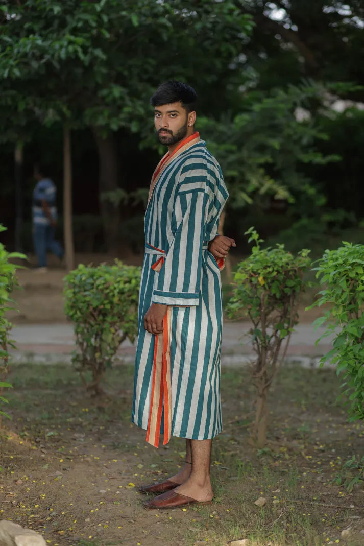 Men's Long Cotton Kimono Robe, Striped and Reversible, Boho Loungewear with Pockets, One Size Breathable Lightweight Beach Resort Spa Outfit
