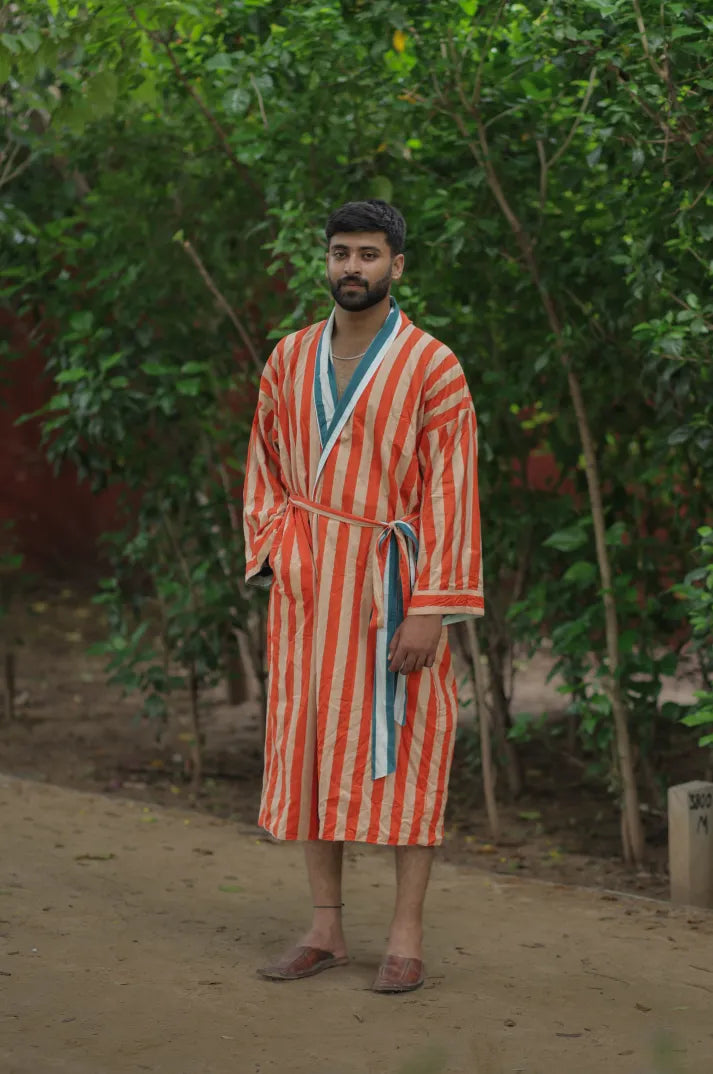 Men's Long Cotton Kimono Robe, Striped and Reversible, Boho Loungewear with Pockets, One Size Breathable Lightweight Beach Resort Spa Outfit