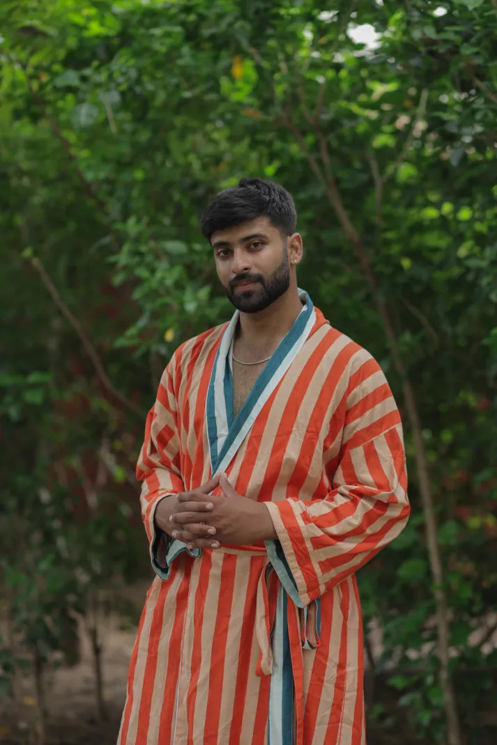 Men's Long Cotton Kimono Robe, Striped and Reversible, Boho Loungewear with Pockets, One Size Breathable Lightweight Beach Resort Spa Outfit