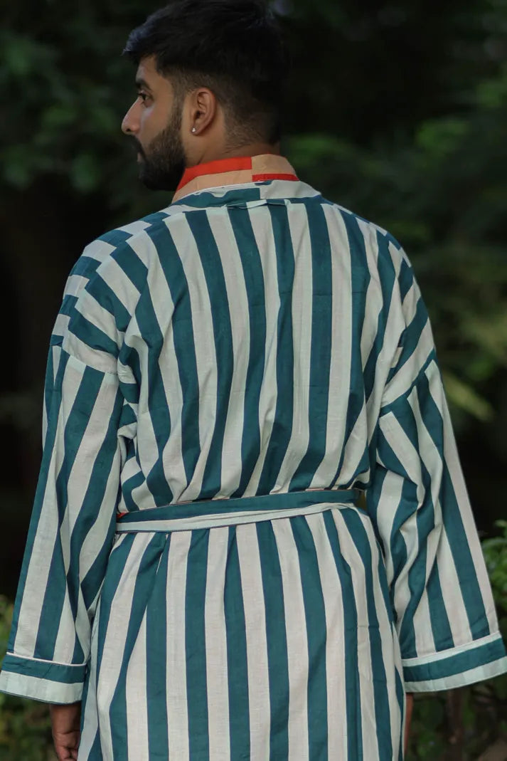 Men's Long Cotton Kimono Robe, Striped and Reversible, Boho Loungewear with Pockets, One Size Breathable Lightweight Beach Resort Spa Outfit