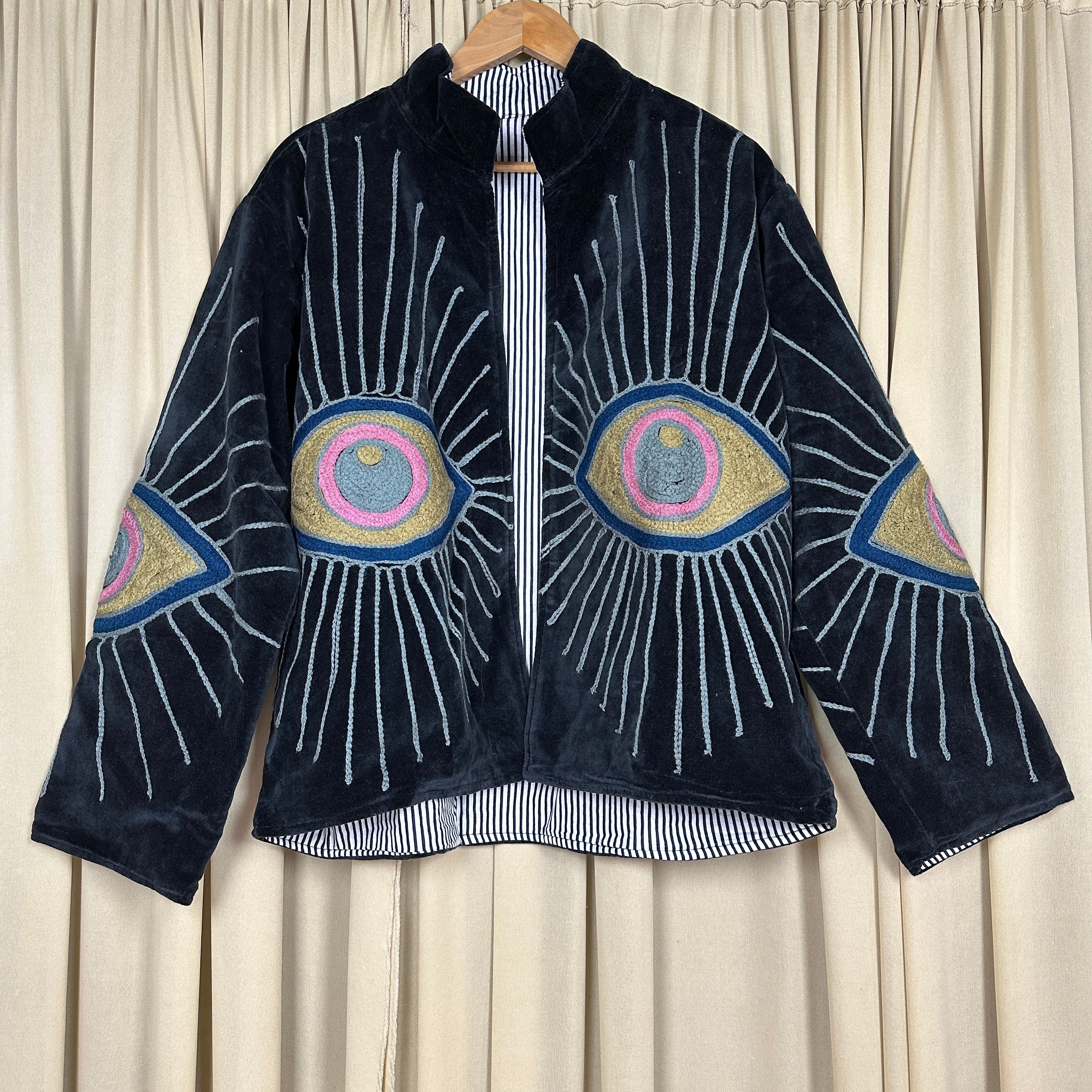 Boho Hand Embroidered Velvet Suzani Jacket | Black Geometric Open Front Coat Winter Wear Free Size Retro Chic Free Size Robe Blazer for Her