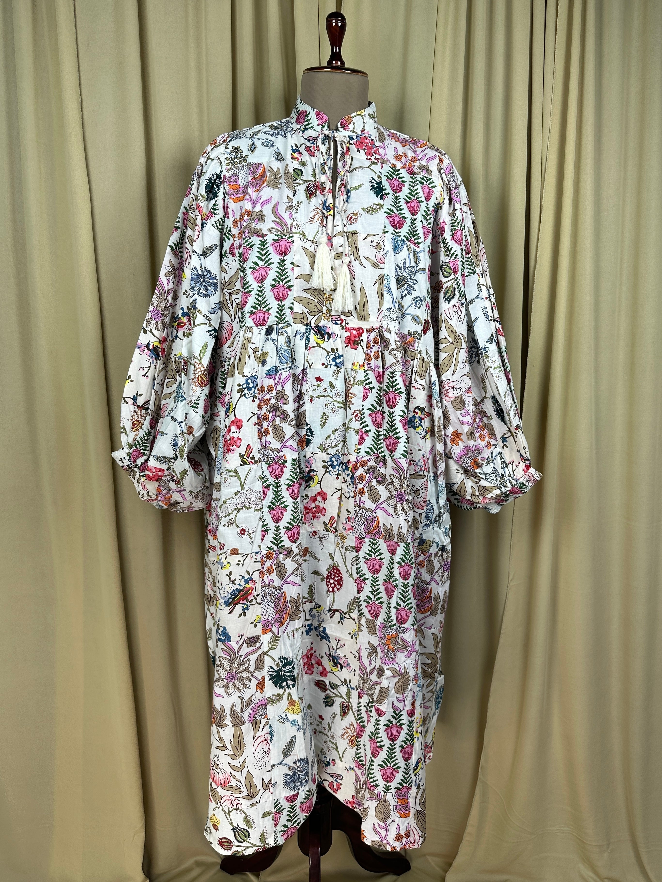 Boho Maxi Dress With Sleeves | Handmade Patchwork Long Flowy Beach Dress, One-of-a-kind Elegant Retro Outfit, Modest Gown with Pockets