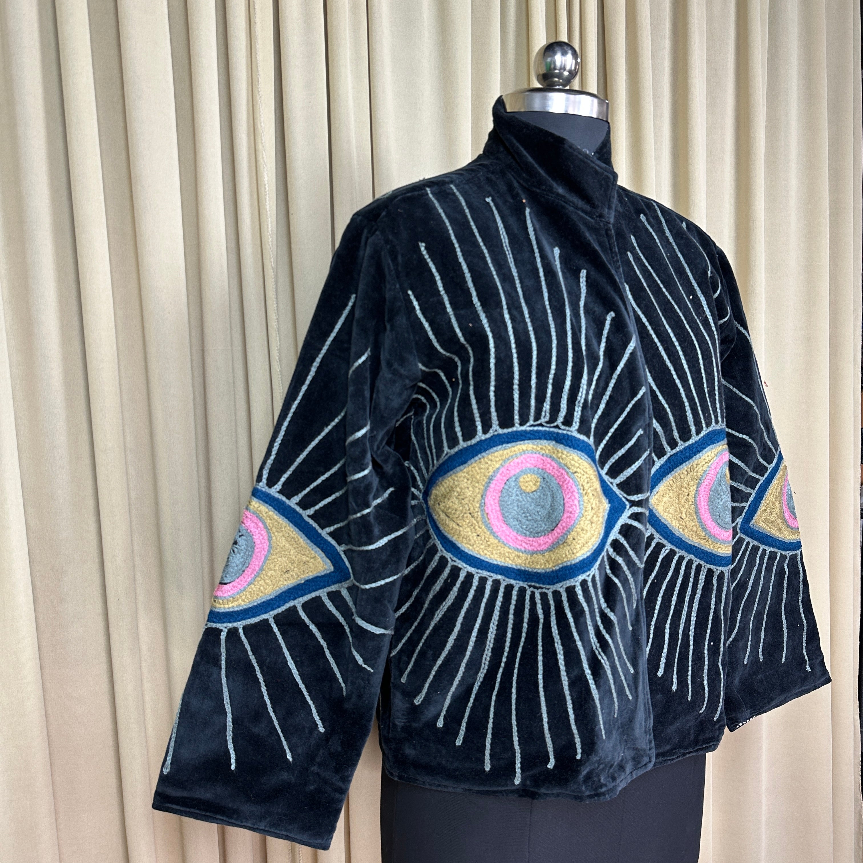 Boho Hand Embroidered Velvet Suzani Jacket | Black Geometric Open Front Coat Winter Wear Free Size Retro Chic Free Size Robe Blazer for Her