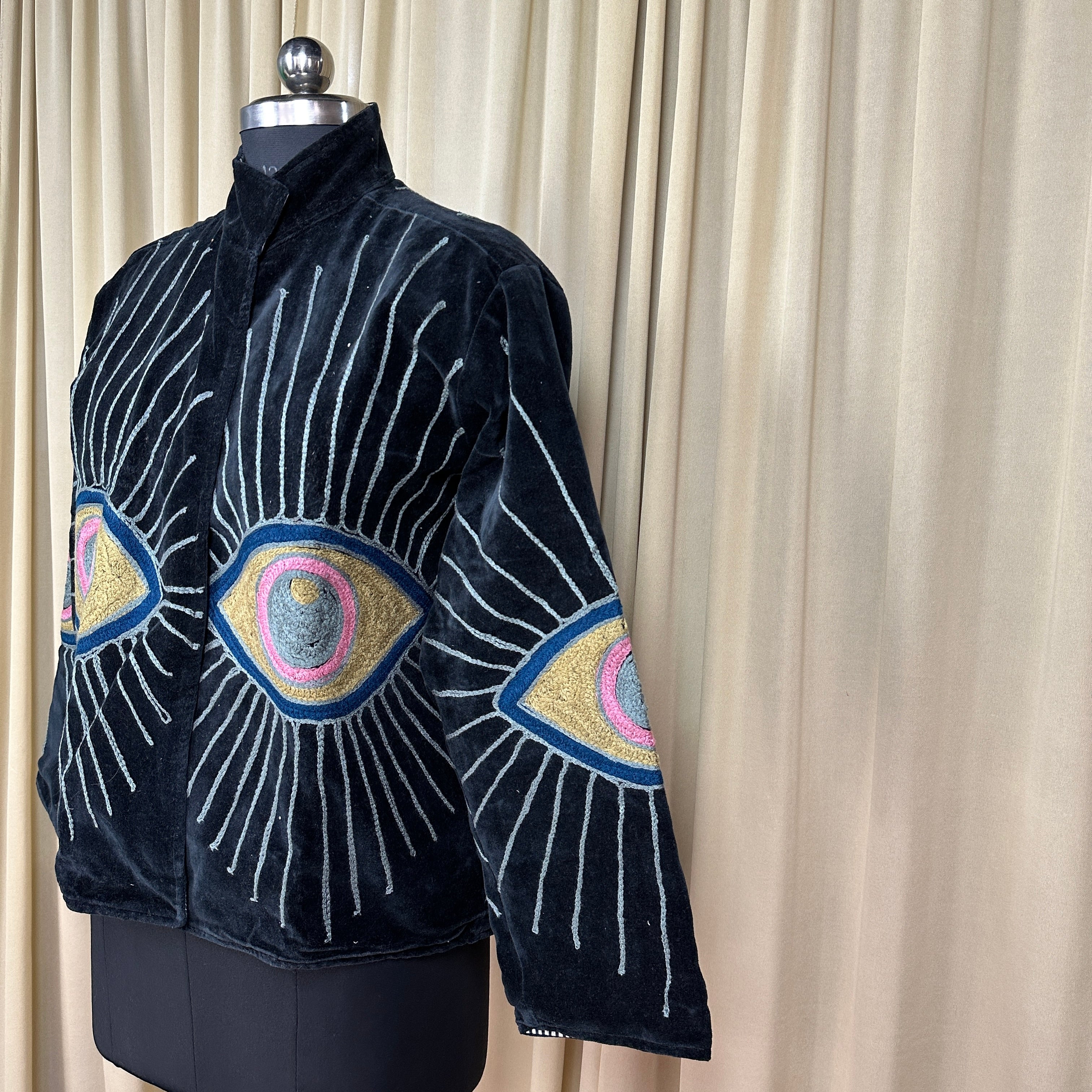 Boho Hand Embroidered Velvet Suzani Jacket | Black Geometric Open Front Coat Winter Wear Free Size Retro Chic Free Size Robe Blazer for Her