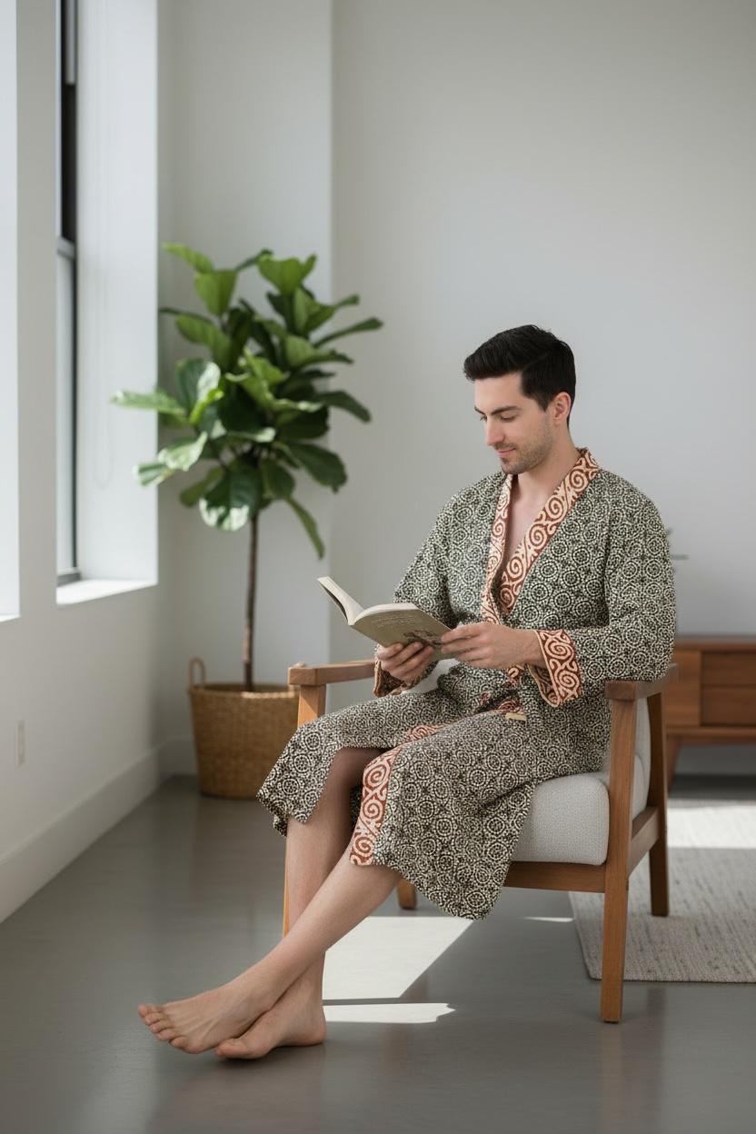 Pure Cotton Handblock Men Kimono | Indian Printed Man House Robe, Boho Beach Coverup Dressing Gown, Lightweight Loungewear, Gift For Him Dad