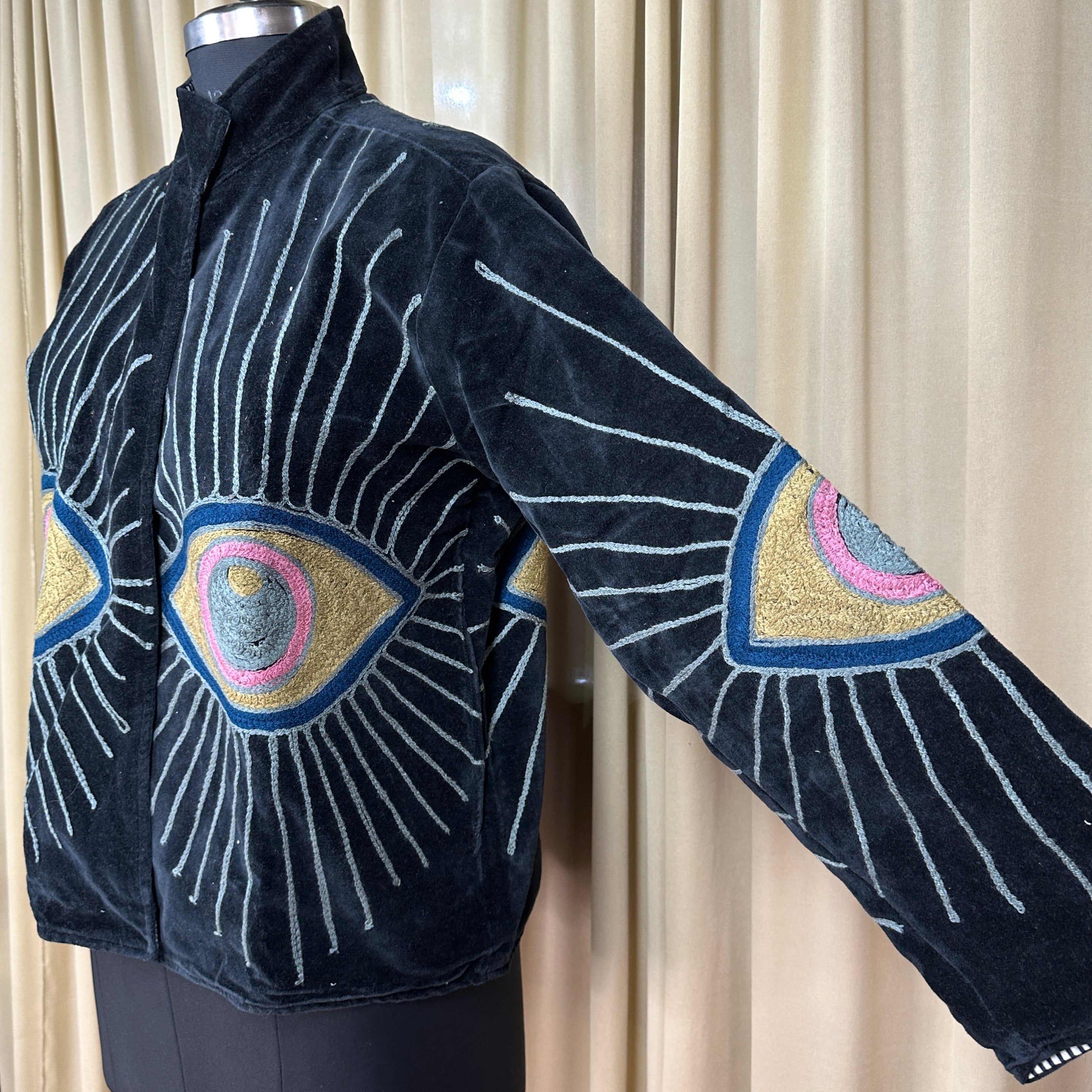 Boho Hand Embroidered Velvet Suzani Jacket | Black Geometric Open Front Coat Winter Wear Free Size Retro Chic Free Size Robe Blazer for Her