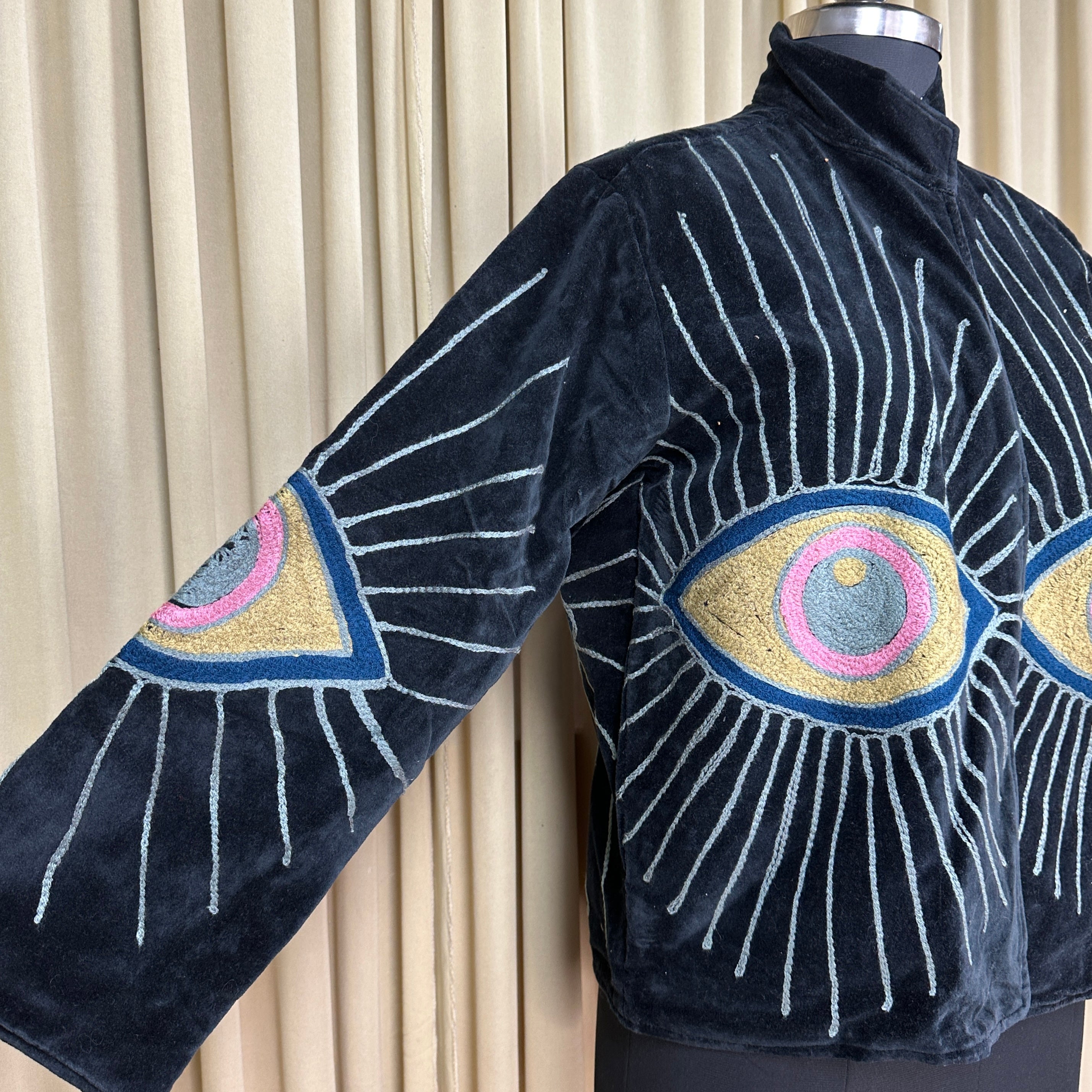 Boho Hand Embroidered Velvet Suzani Jacket | Black Geometric Open Front Coat Winter Wear Free Size Retro Chic Free Size Robe Blazer for Her