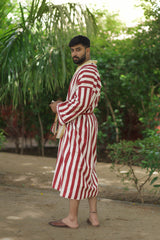 Men's Cotton Kimono Robe, Reversible Striped Boho Loungewear, Lightweight Spa Beach Resort Outfit with Pockets, One Size Breathable Bathrobe