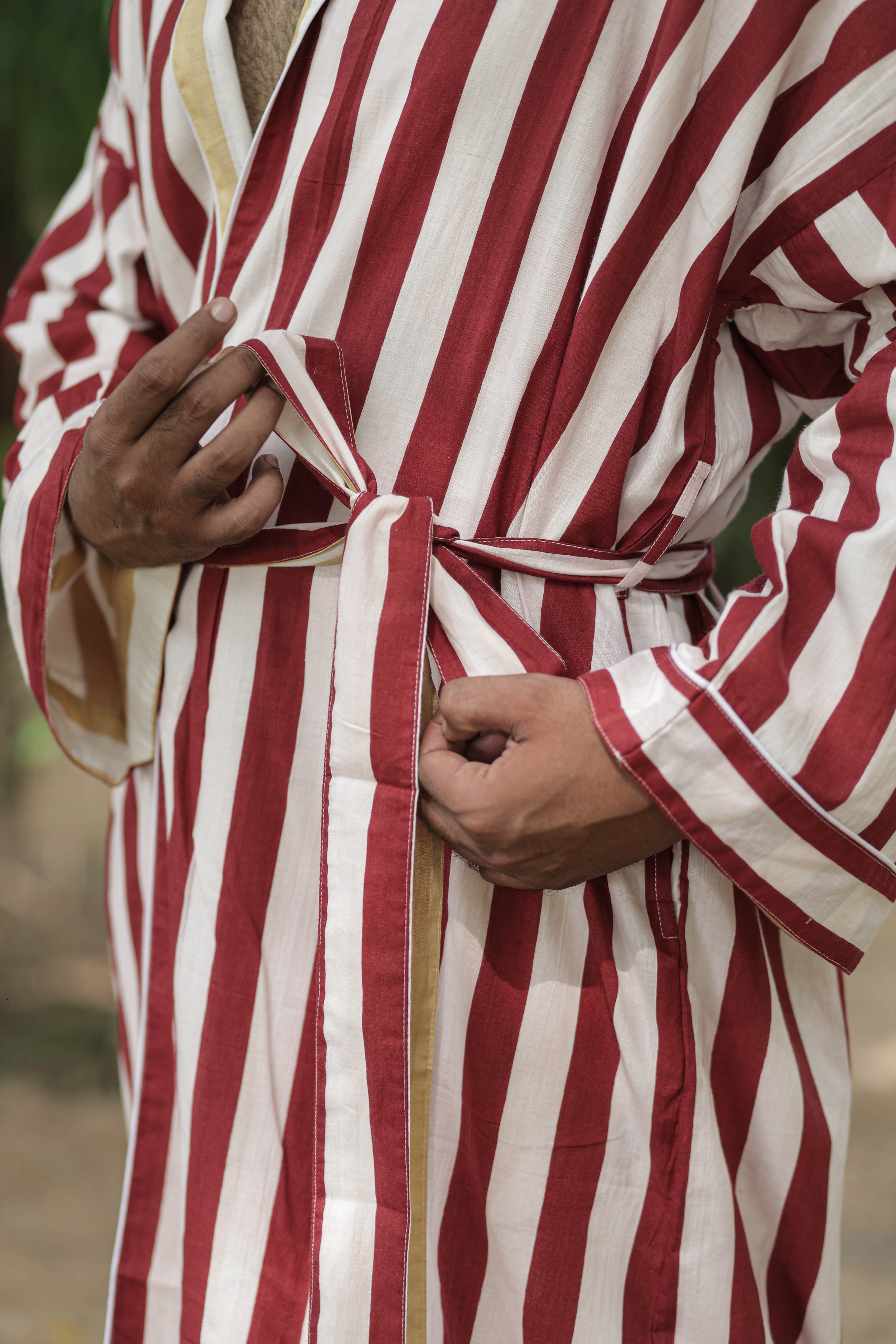 Men's Cotton Kimono Robe, Reversible Striped Boho Loungewear, Lightweight Spa Beach Resort Outfit with Pockets, One Size Breathable Bathrobe