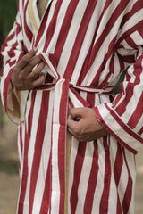Men's Cotton Kimono Robe, Reversible Striped Boho Loungewear, Lightweight Spa Beach Resort Outfit with Pockets, One Size Breathable Bathrobe