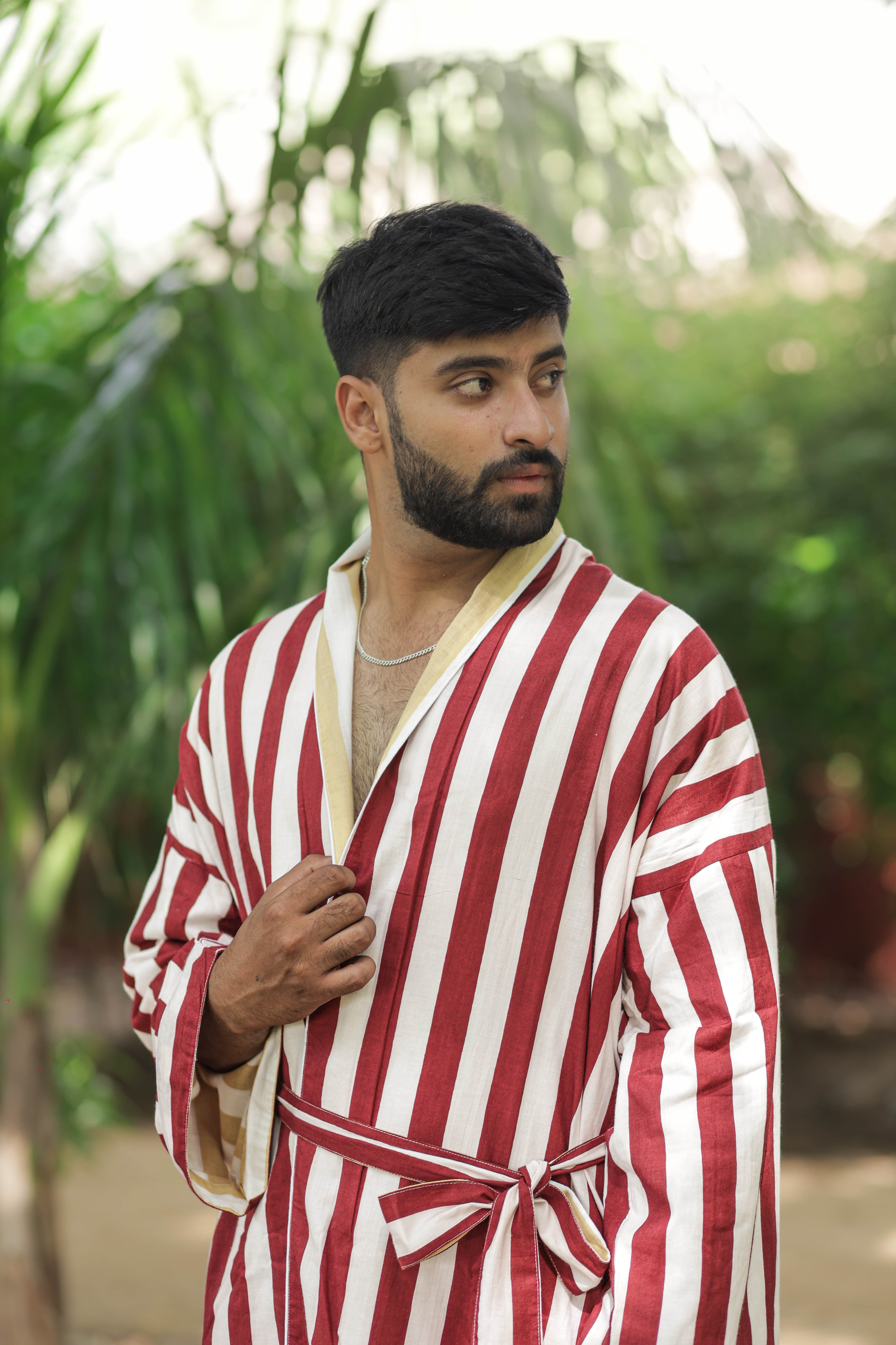 Men's Cotton Kimono Robe, Reversible Striped Boho Loungewear, Lightweight Spa Beach Resort Outfit with Pockets, One Size Breathable Bathrobe