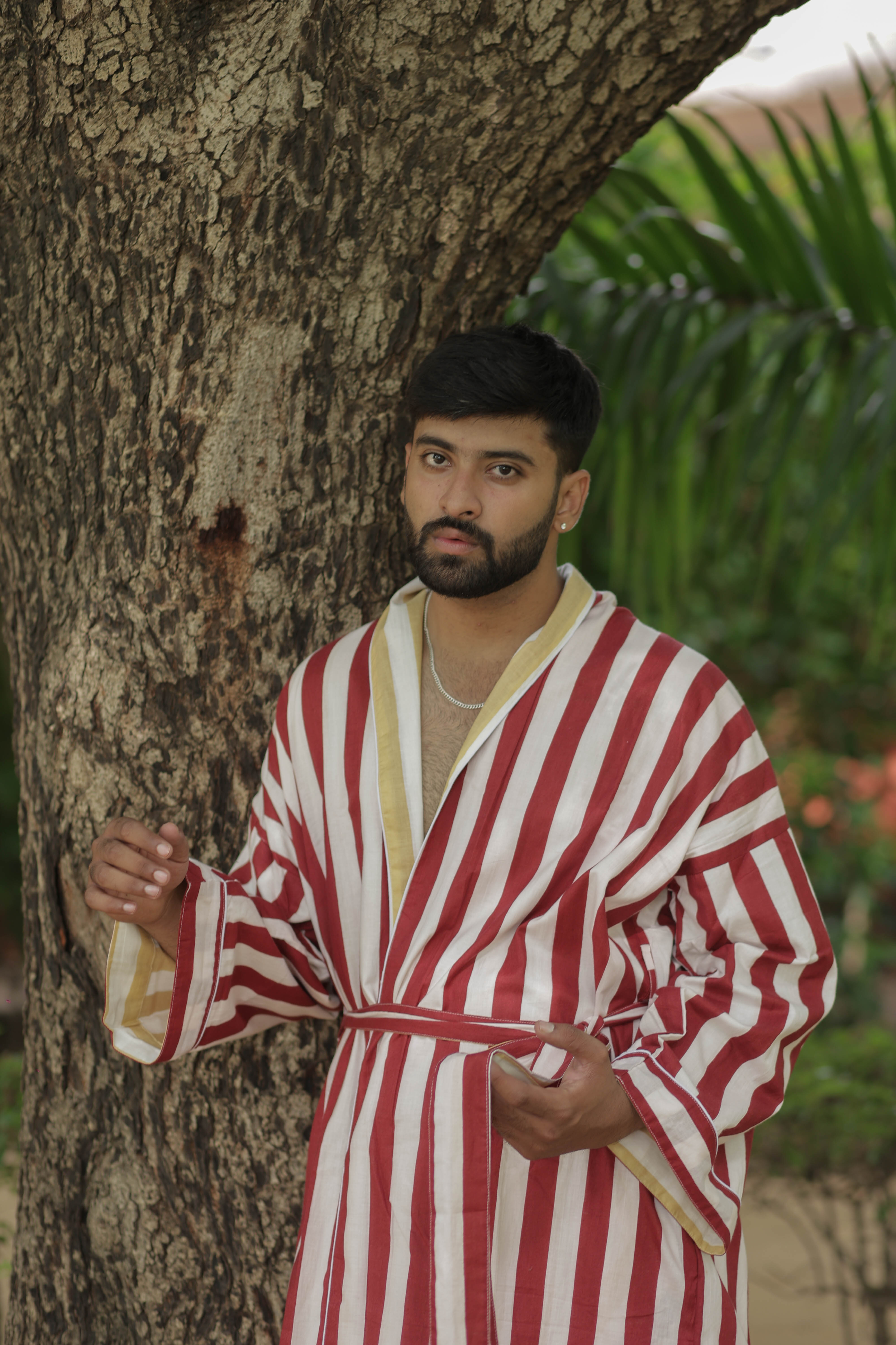 Men's Cotton Kimono Robe, Reversible Striped Boho Loungewear, Lightweight Spa Beach Resort Outfit with Pockets, One Size Breathable Bathrobe