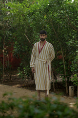Men's Cotton Kimono Robe, Reversible Striped Boho Loungewear, Lightweight Spa Beach Resort Outfit with Pockets, One Size Breathable Bathrobe
