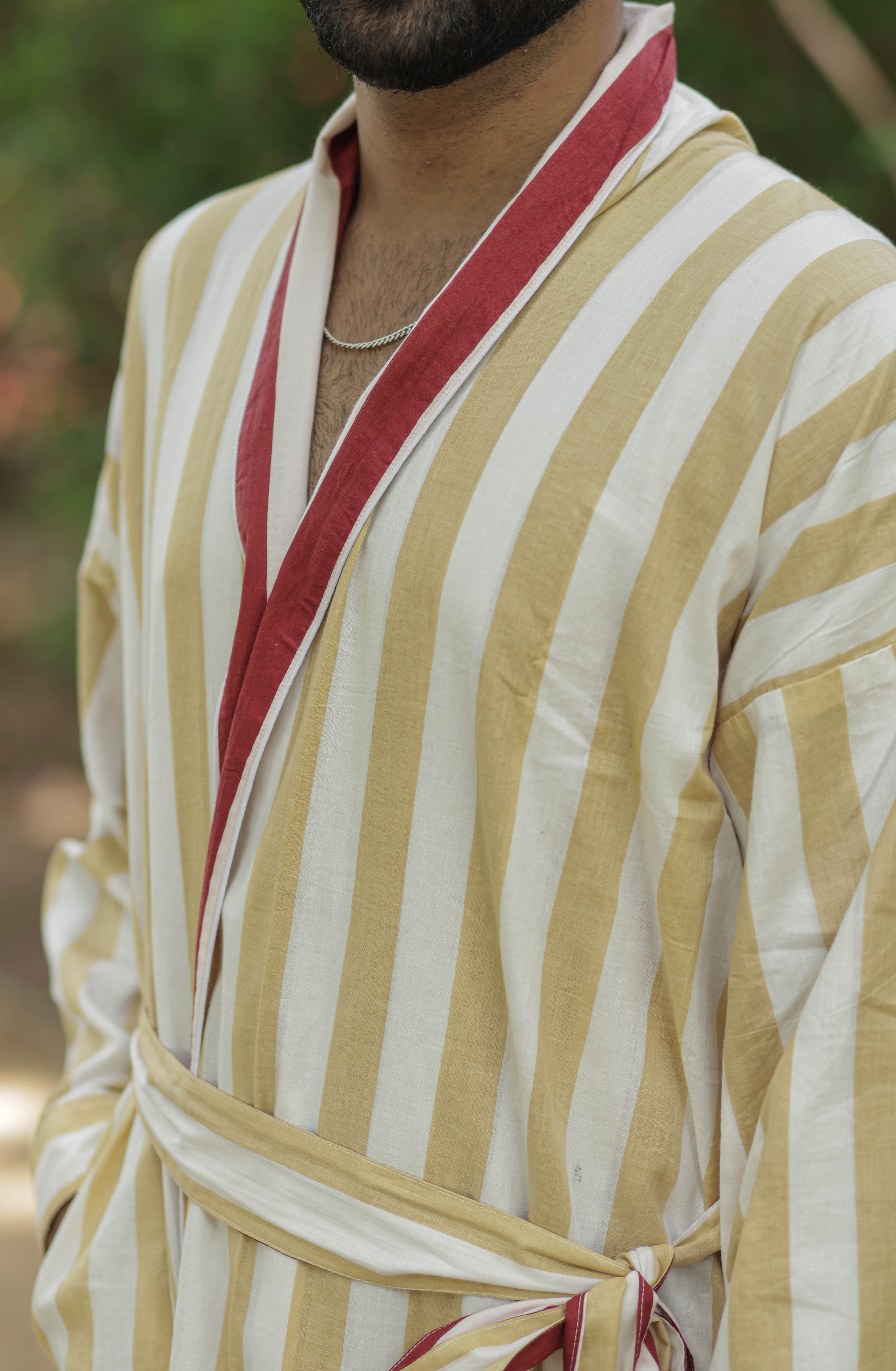 Men's Cotton Kimono Robe, Reversible Striped Boho Loungewear, Lightweight Spa Beach Resort Outfit with Pockets, One Size Breathable Bathrobe