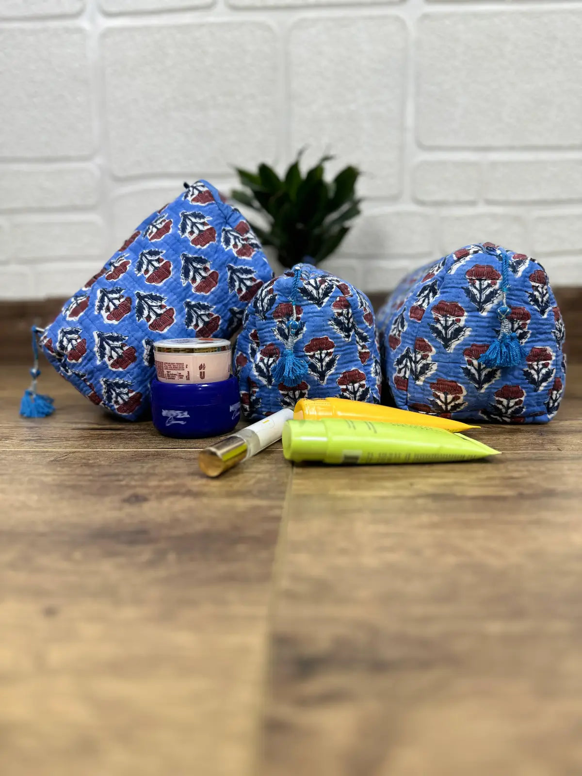 Block Print Toiletry & Makeup Bag | Quilted Wash Bag | Set of 3