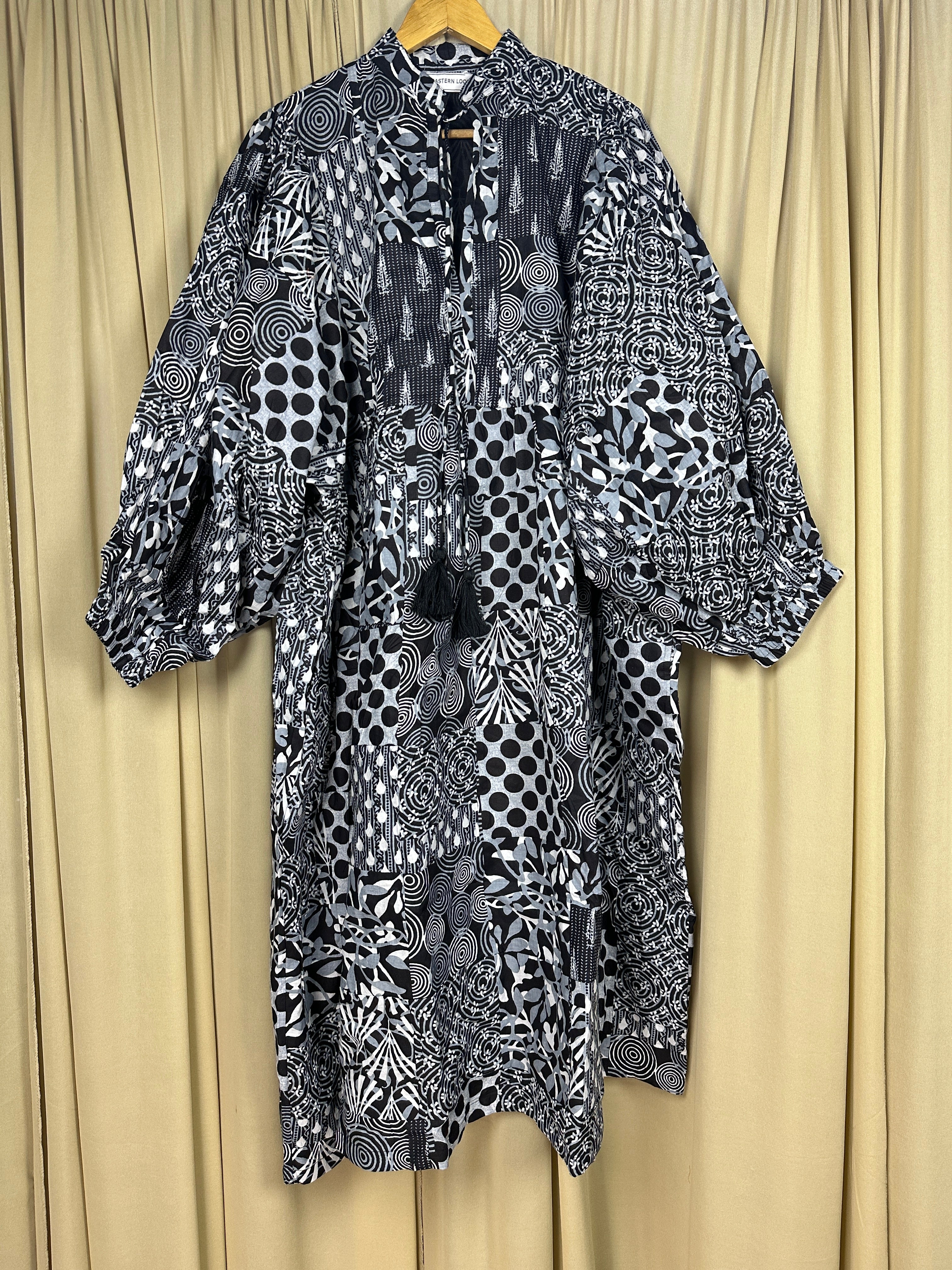 Black Patchwork Cotton Dress: Hand-Stitched Block Print, Fits XXL