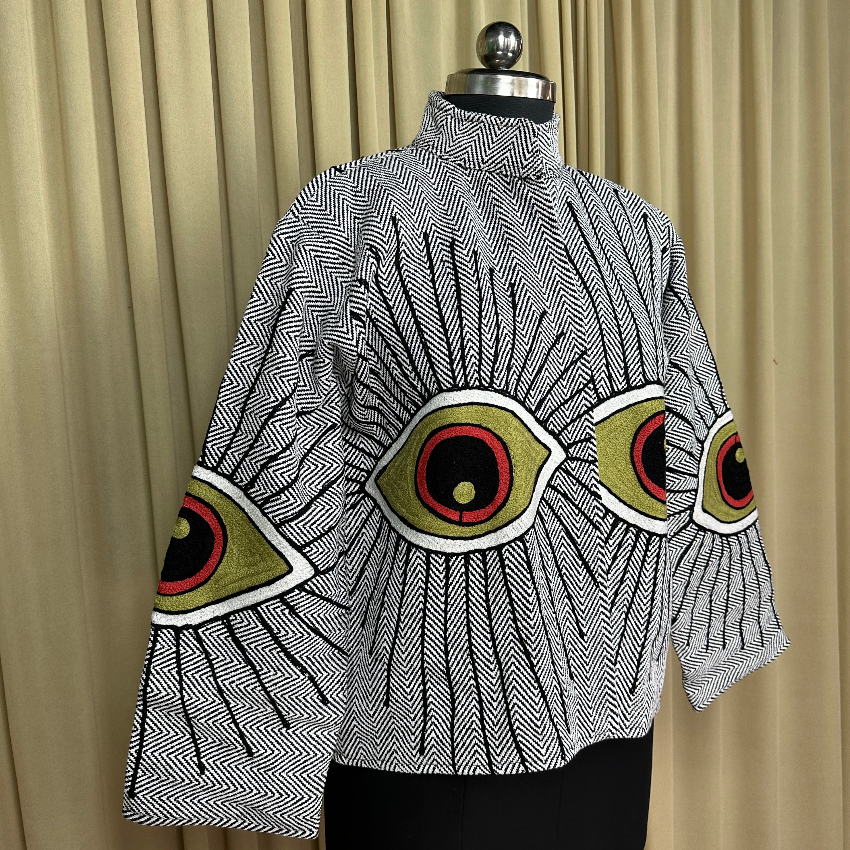 Boho Hand Embroidered Cotton Suzani Jacket | White Geometric Open Front Coat Winter Wear Free Size Retro Chic Free Size Robe Blazer for Her