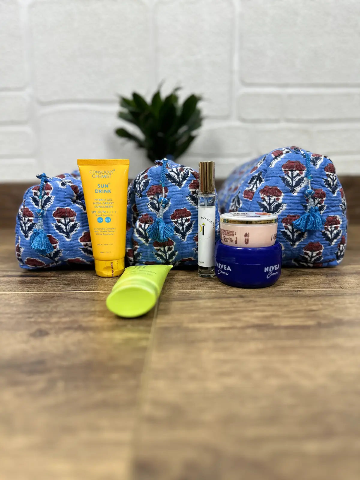 Block Print Toiletry & Makeup Bag | Quilted Wash Bag | Set of 3