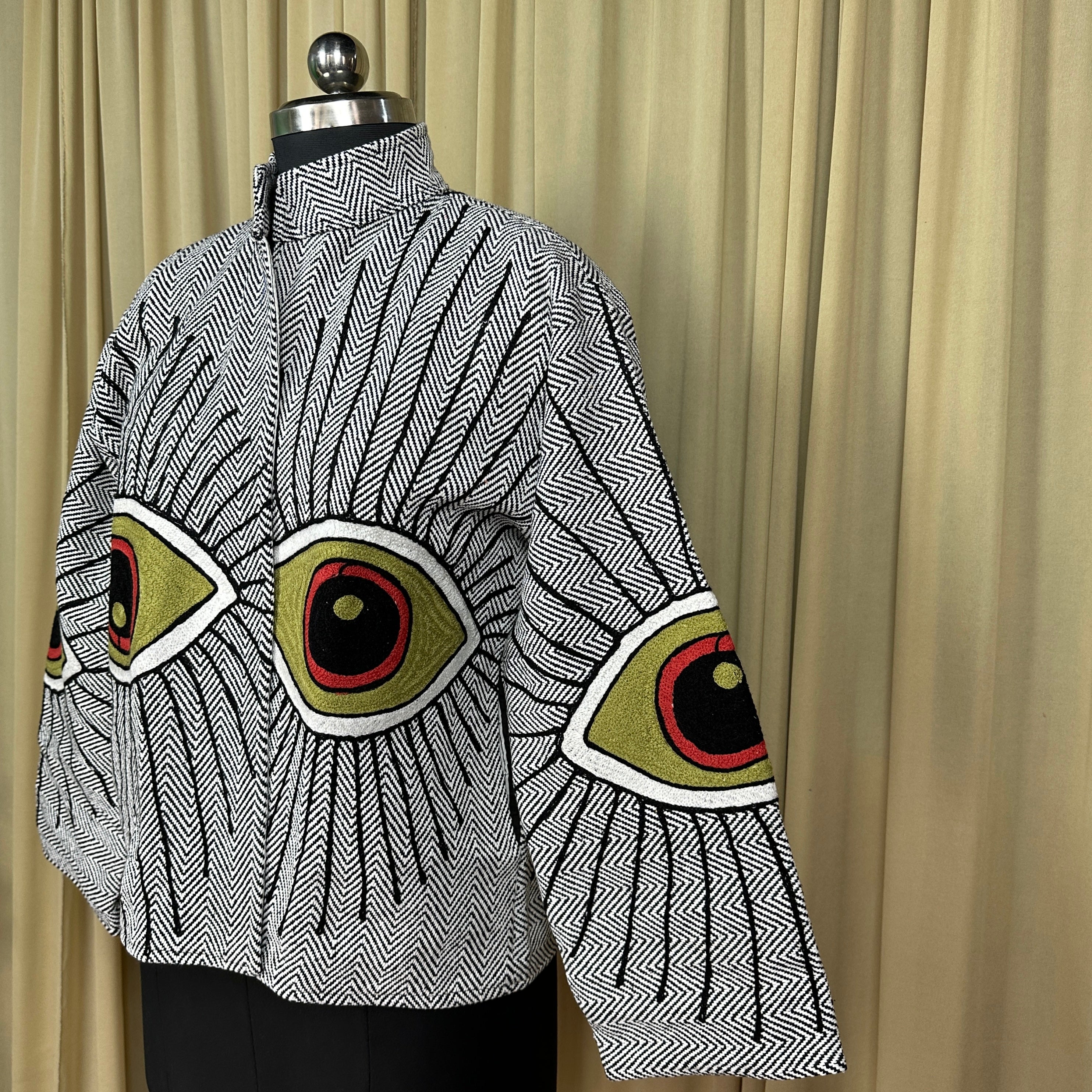 Boho Hand Embroidered Cotton Suzani Jacket | White Geometric Open Front Coat Winter Wear Free Size Retro Chic Free Size Robe Blazer for Her