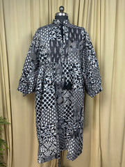 Black Patchwork Cotton Dress: Hand-Stitched Block Print, Fits XXL