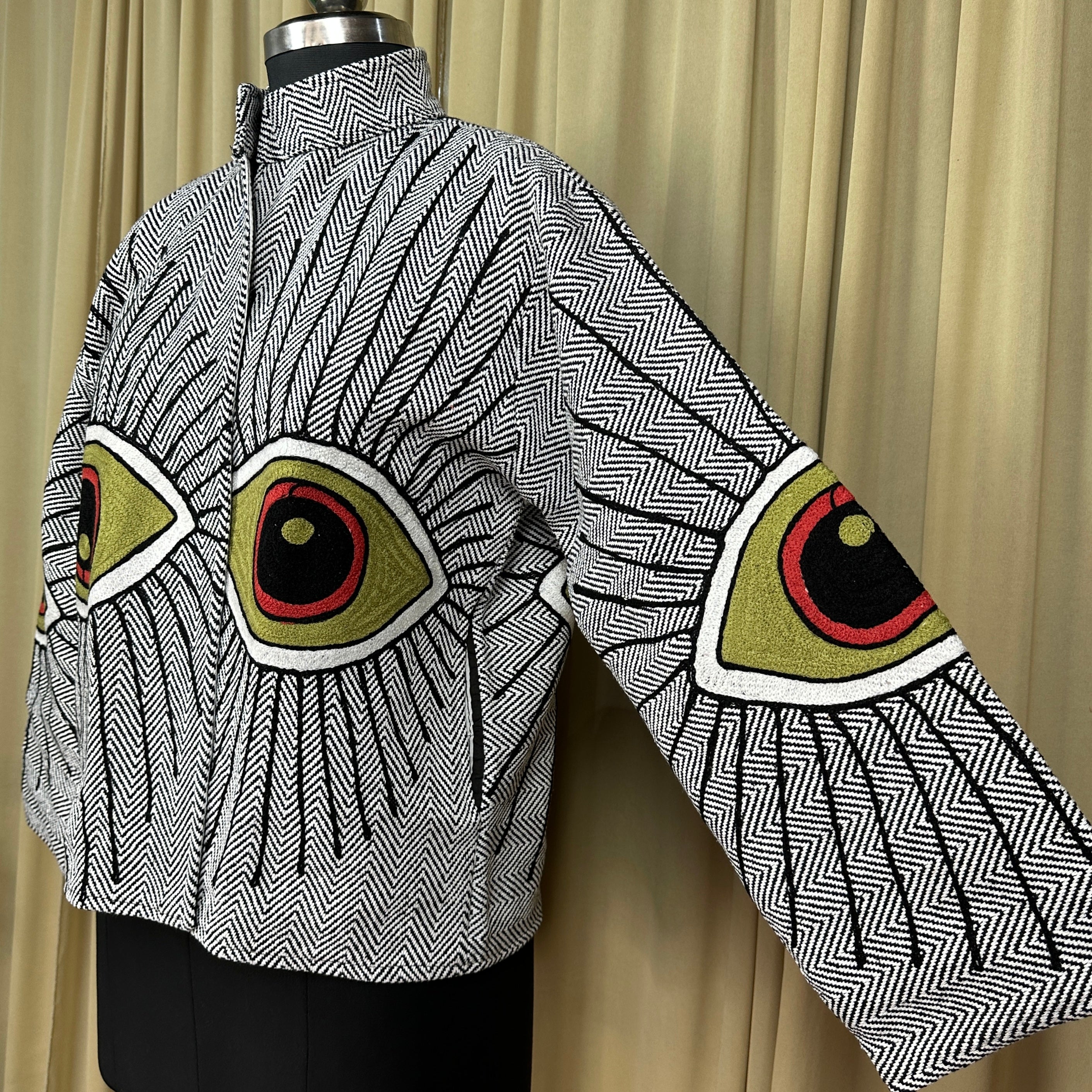 Boho Hand Embroidered Cotton Suzani Jacket | White Geometric Open Front Coat Winter Wear Free Size Retro Chic Free Size Robe Blazer for Her
