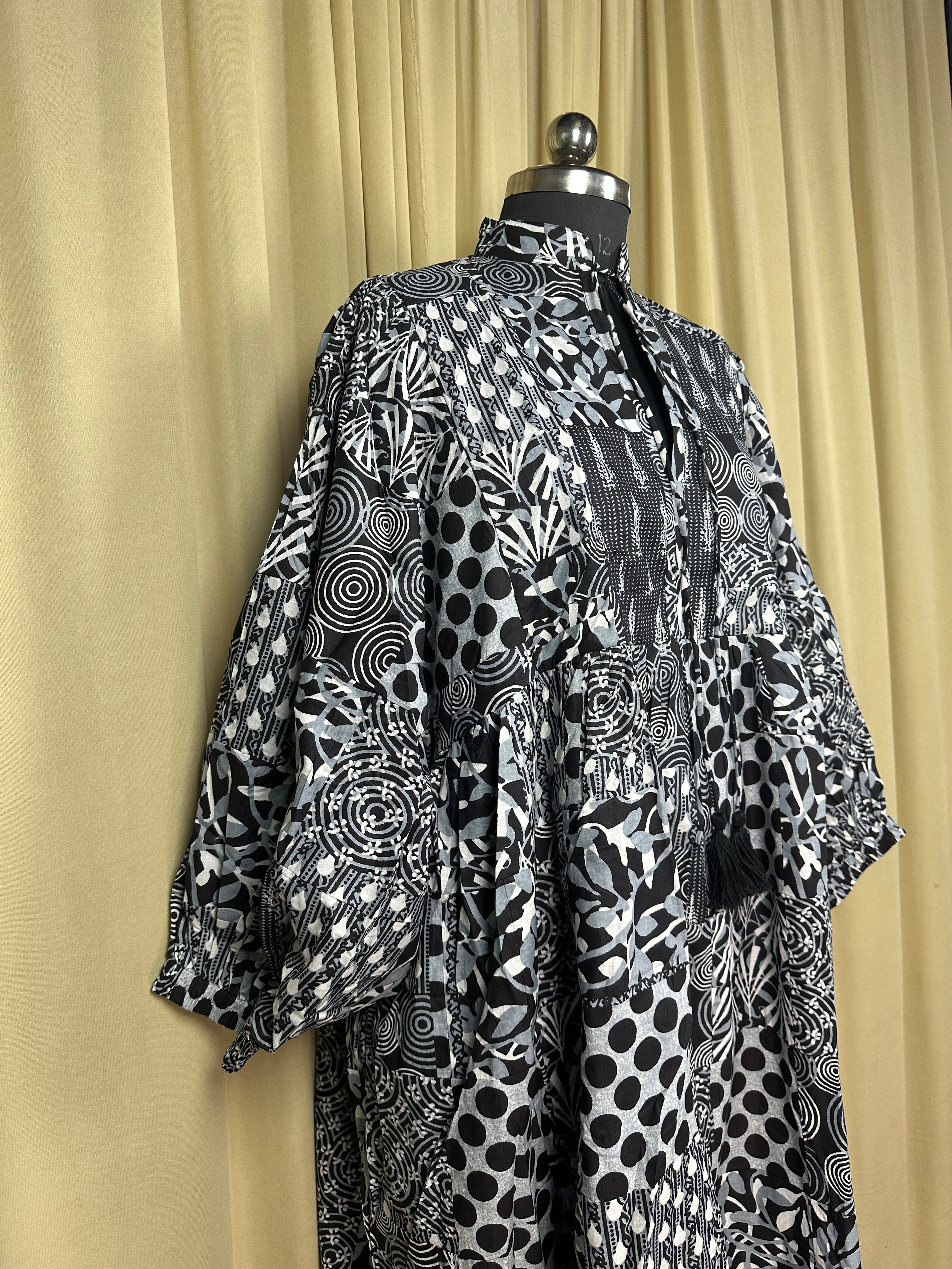 Black Patchwork Cotton Dress: Hand-Stitched Block Print, Fits XXL