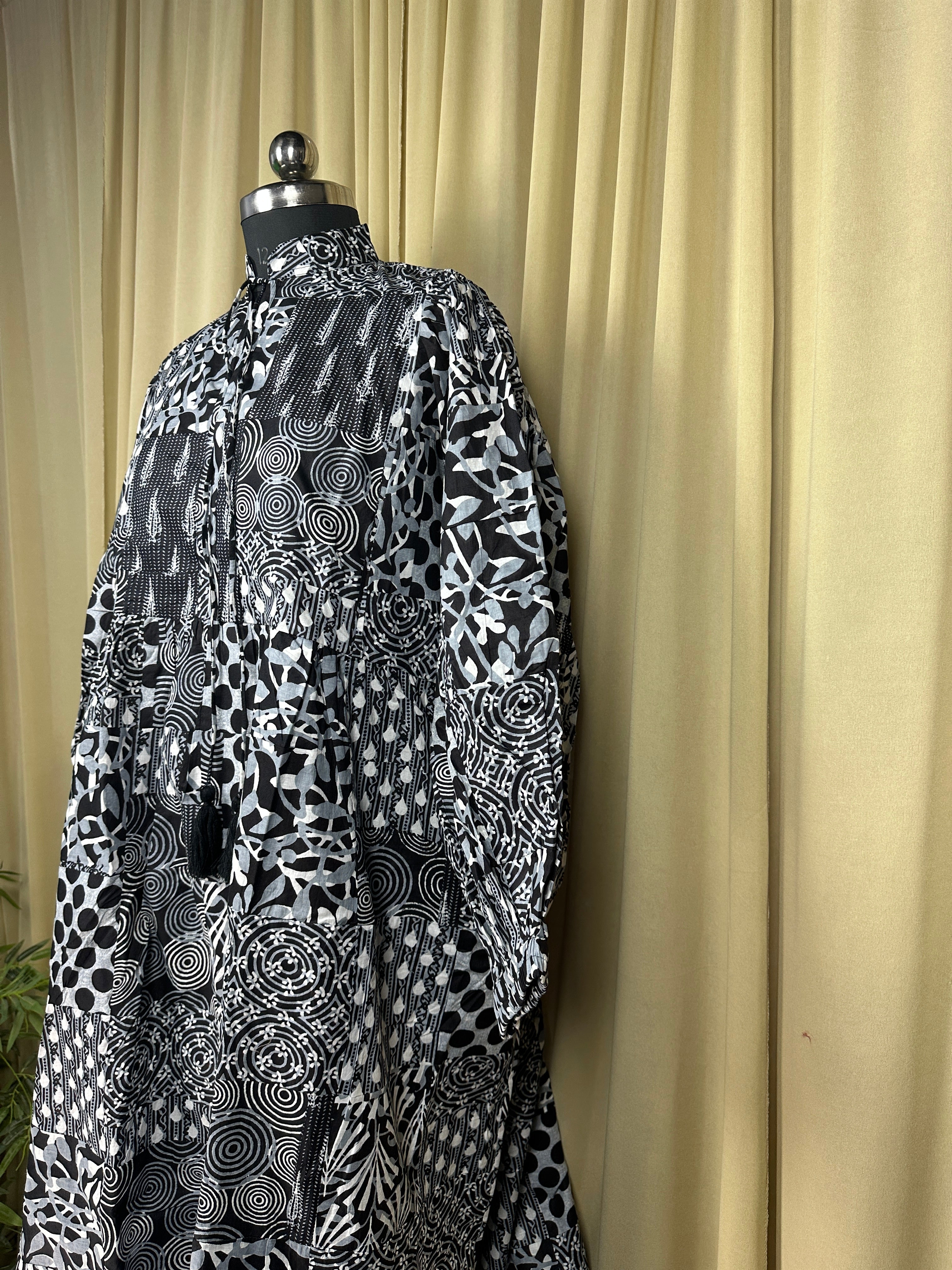 Black Patchwork Cotton Dress: Hand-Stitched Block Print, Fits XXL