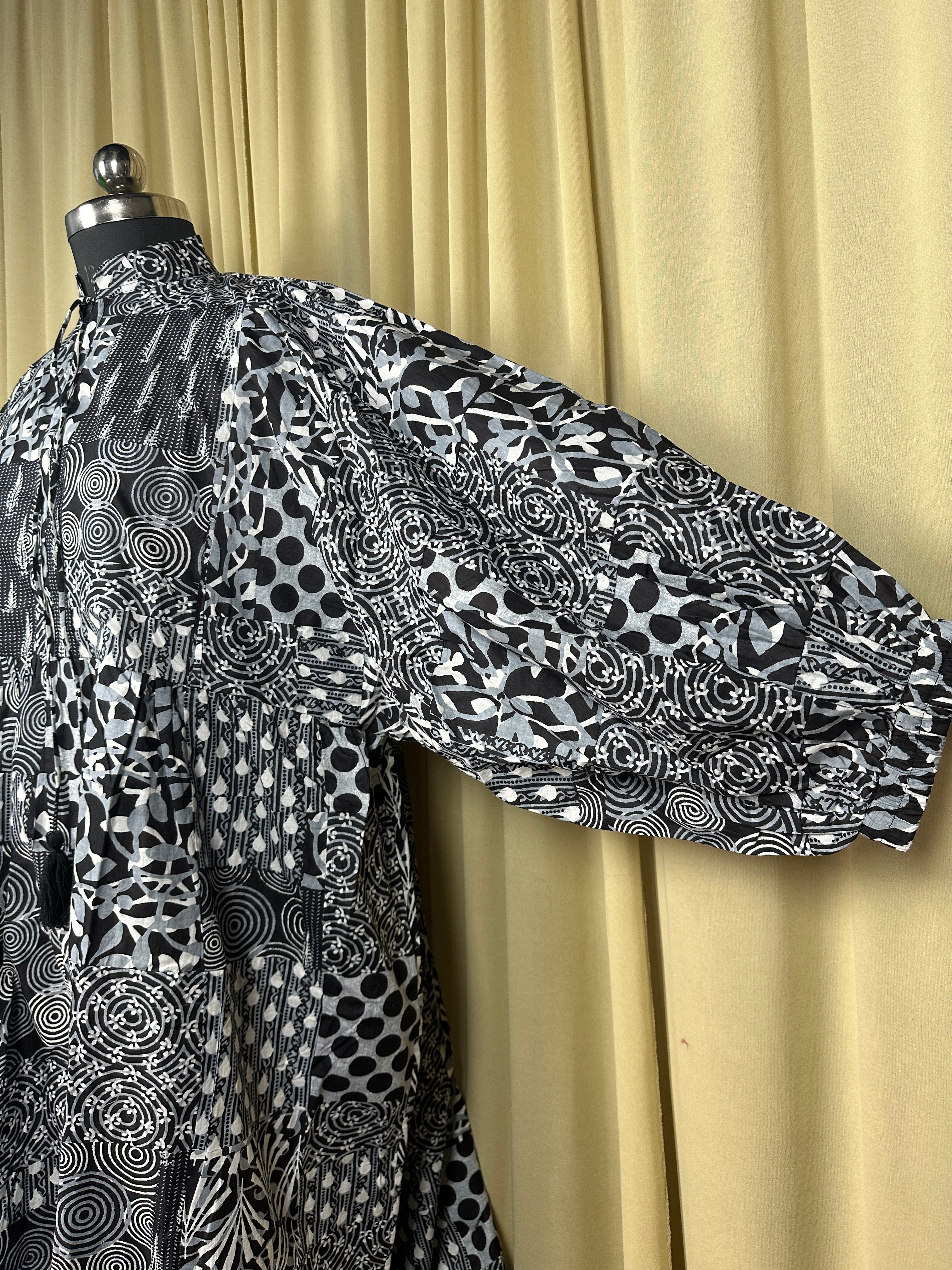 Black Patchwork Cotton Dress: Hand-Stitched Block Print, Fits XXL