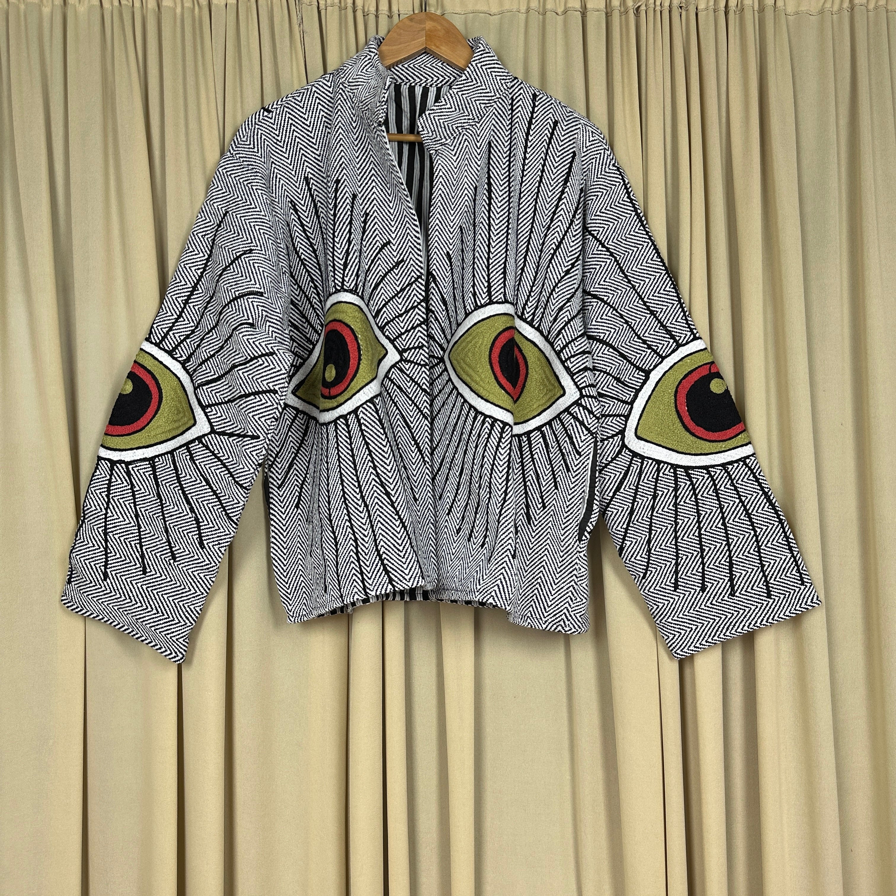 Boho Hand Embroidered Cotton Suzani Jacket | White Geometric Open Front Coat Winter Wear Free Size Retro Chic Free Size Robe Blazer for Her