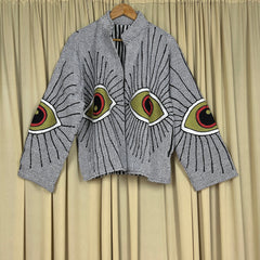 Boho Hand Embroidered Cotton Suzani Jacket | White Geometric Open Front Coat Winter Wear Free Size Retro Chic Free Size Robe Blazer for Her