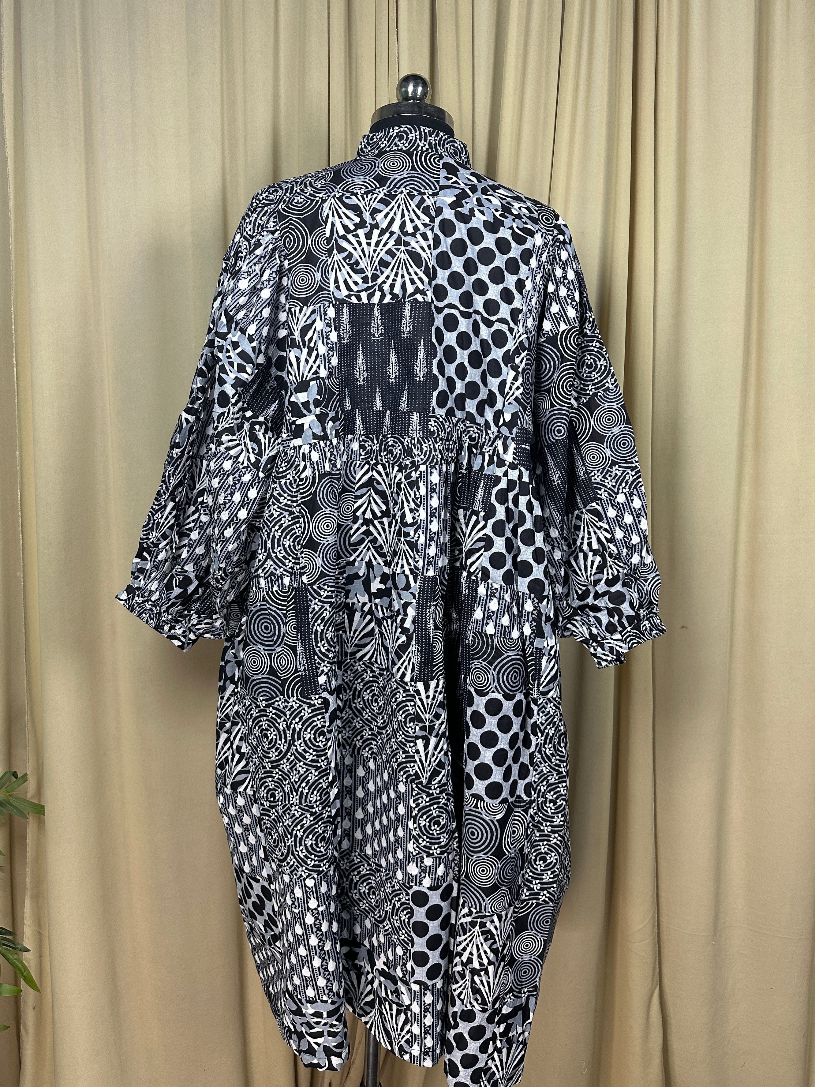 Black Patchwork Cotton Dress: Hand-Stitched Block Print, Fits XXL