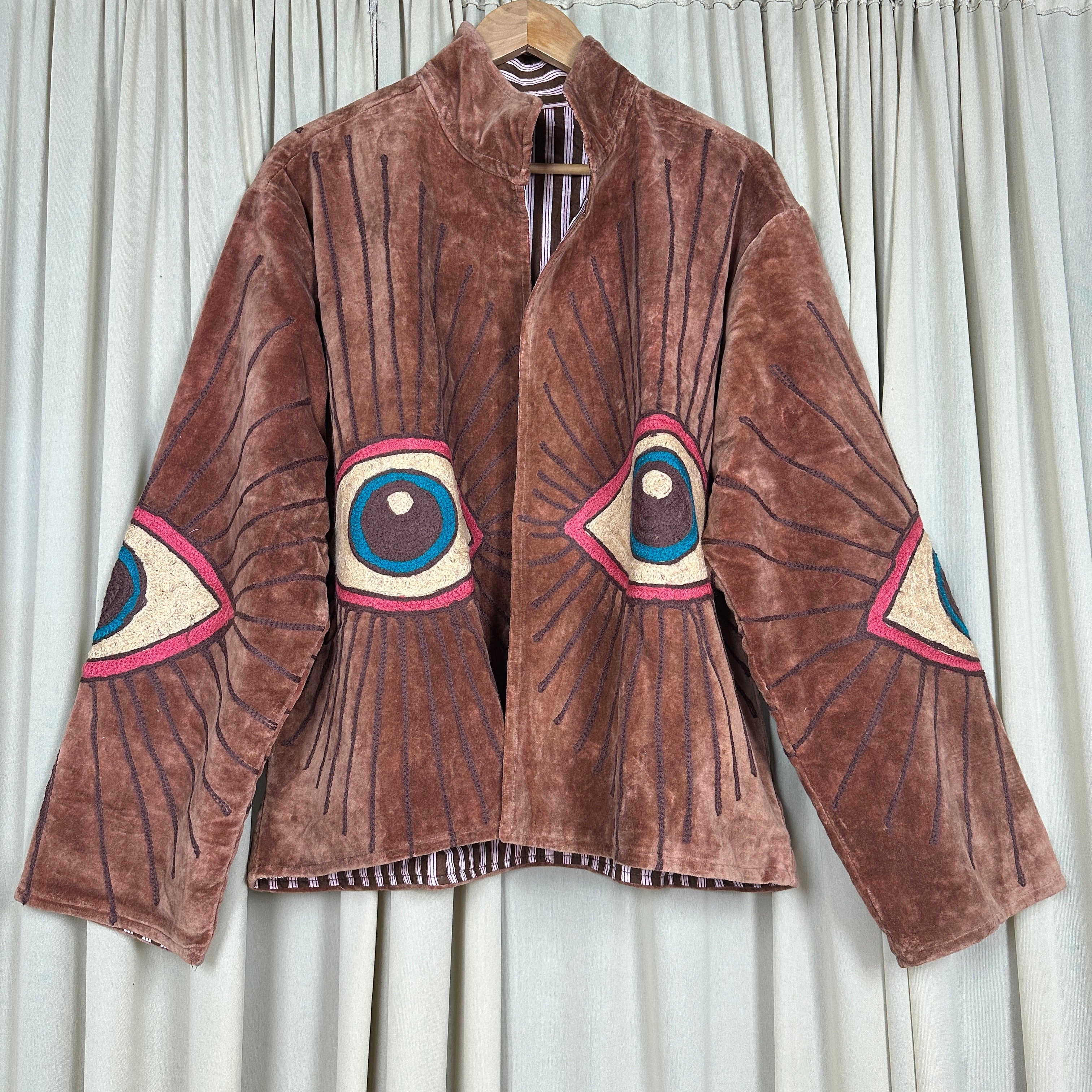 Boho Hand Embroidered Velvet Suzani Jacket | Brown Geometric Open Front Coat Winter Wear Free Size Retro Chic Free Size Robe Blazer for Her