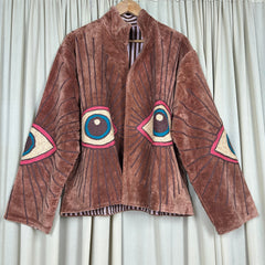 Boho Hand Embroidered Velvet Suzani Jacket | Brown Geometric Open Front Coat Winter Wear Free Size Retro Chic Free Size Robe Blazer for Her