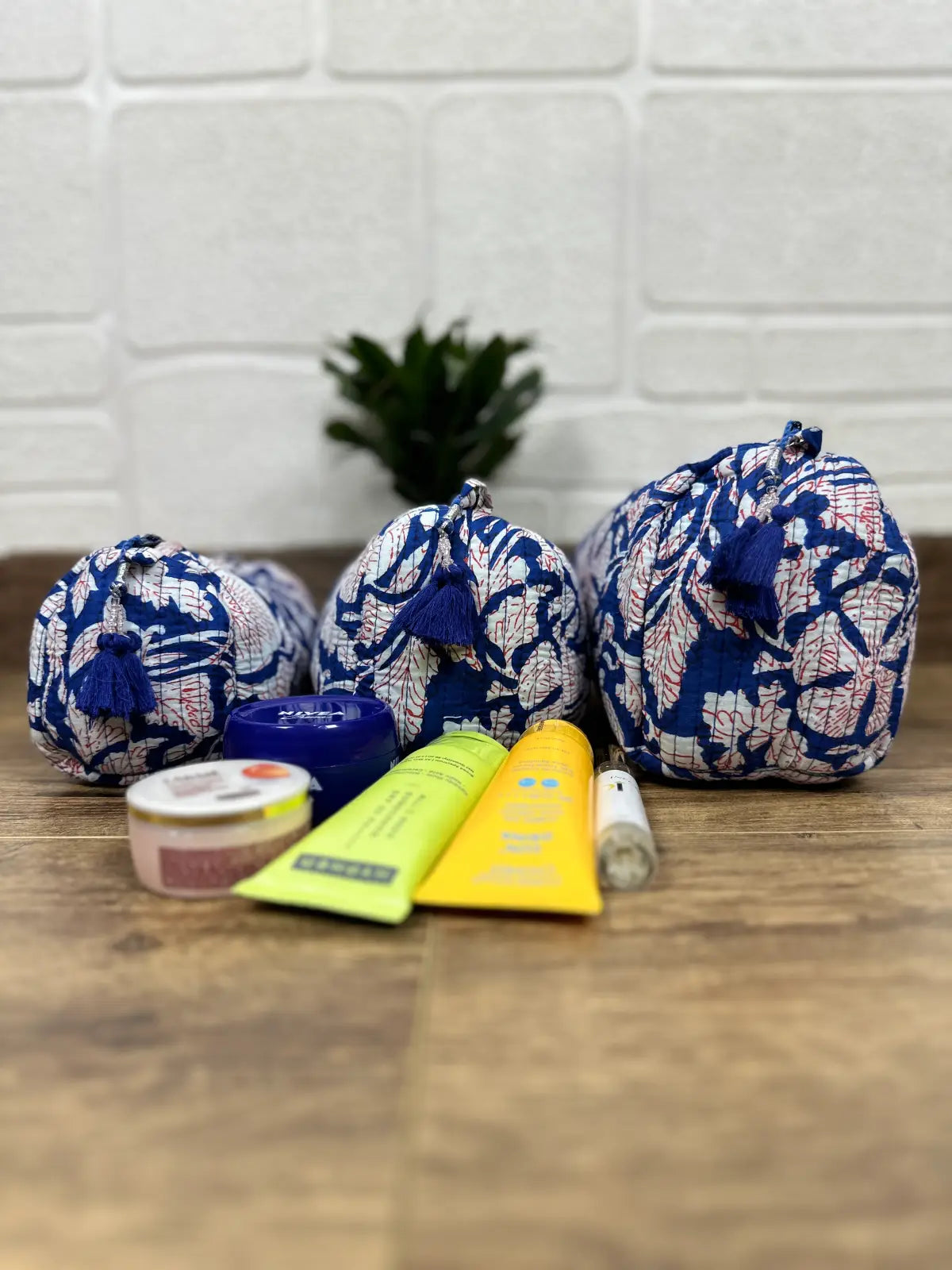 Block Print Toiletry & Makeup Bag | Quilted Wash Bag | Set of 3