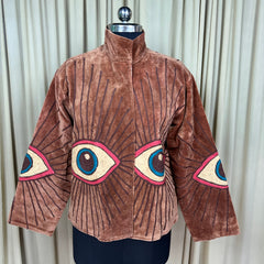 Boho Hand Embroidered Velvet Suzani Jacket | Brown Geometric Open Front Coat Winter Wear Free Size Retro Chic Free Size Robe Blazer for Her