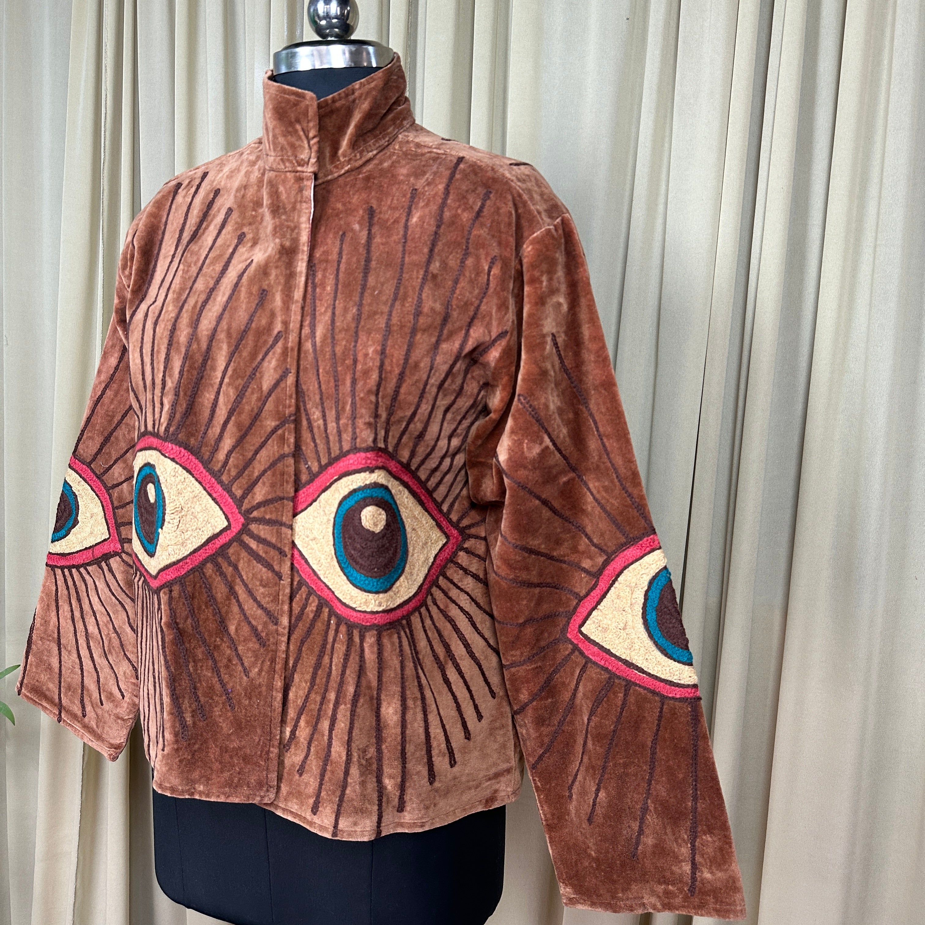 Boho Hand Embroidered Velvet Suzani Jacket | Brown Geometric Open Front Coat Winter Wear Free Size Retro Chic Free Size Robe Blazer for Her