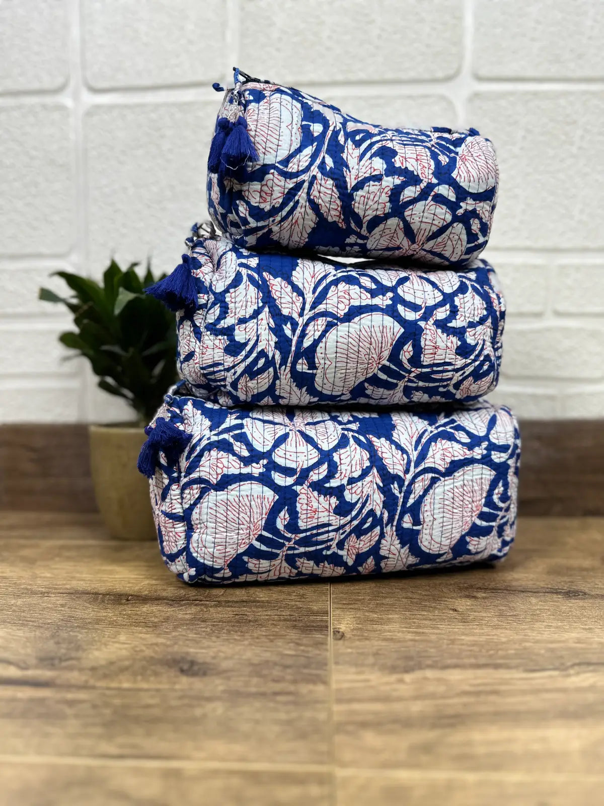 Block Print Toiletry & Makeup Bag | Quilted Wash Bag | Set of 3