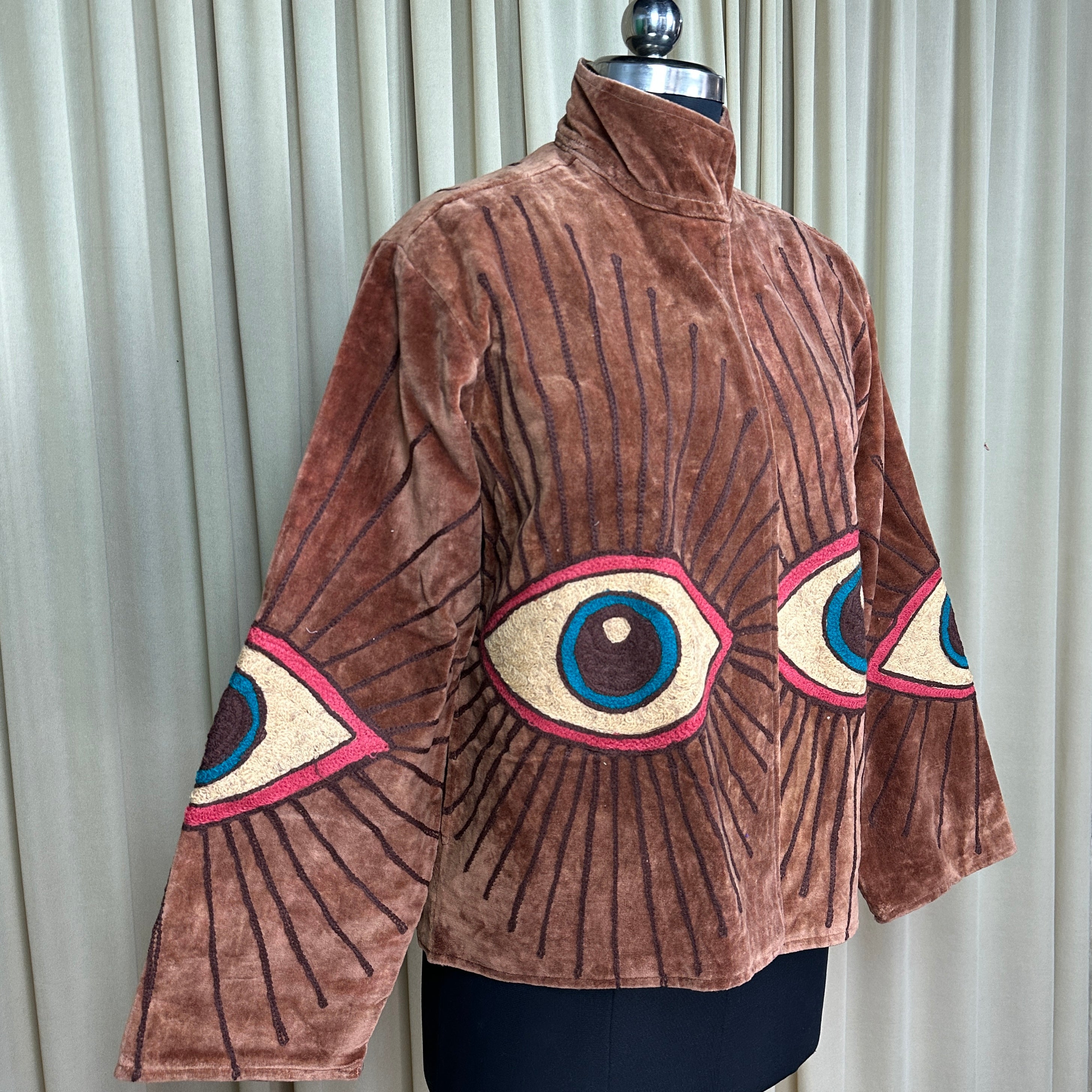 Boho Hand Embroidered Velvet Suzani Jacket | Brown Geometric Open Front Coat Winter Wear Free Size Retro Chic Free Size Robe Blazer for Her