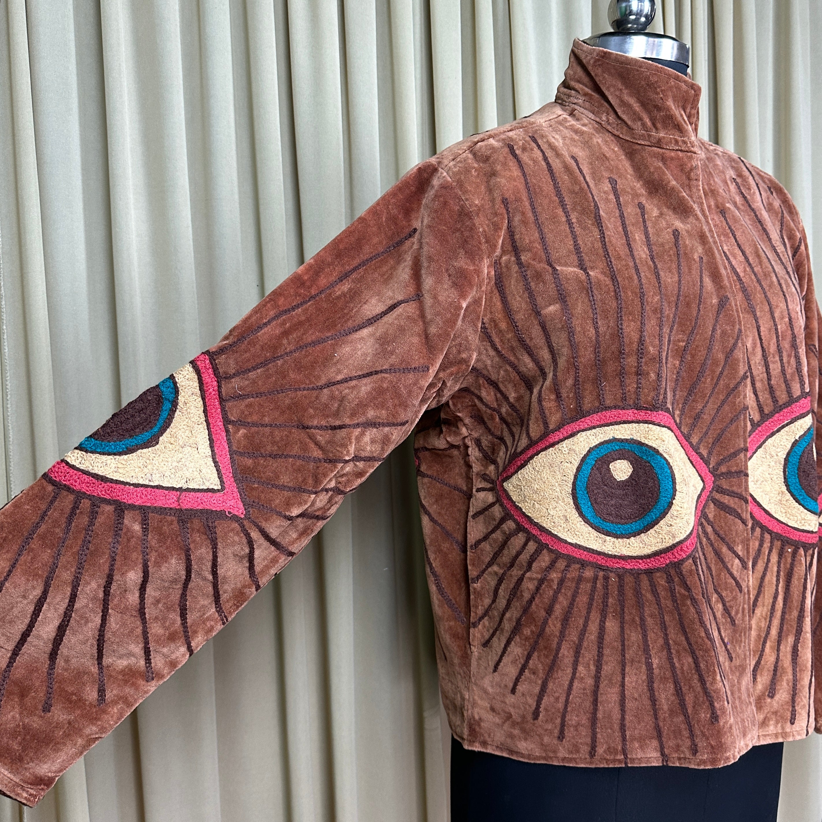 Boho Hand Embroidered Velvet Suzani Jacket | Brown Geometric Open Front Coat Winter Wear Free Size Retro Chic Free Size Robe Blazer for Her