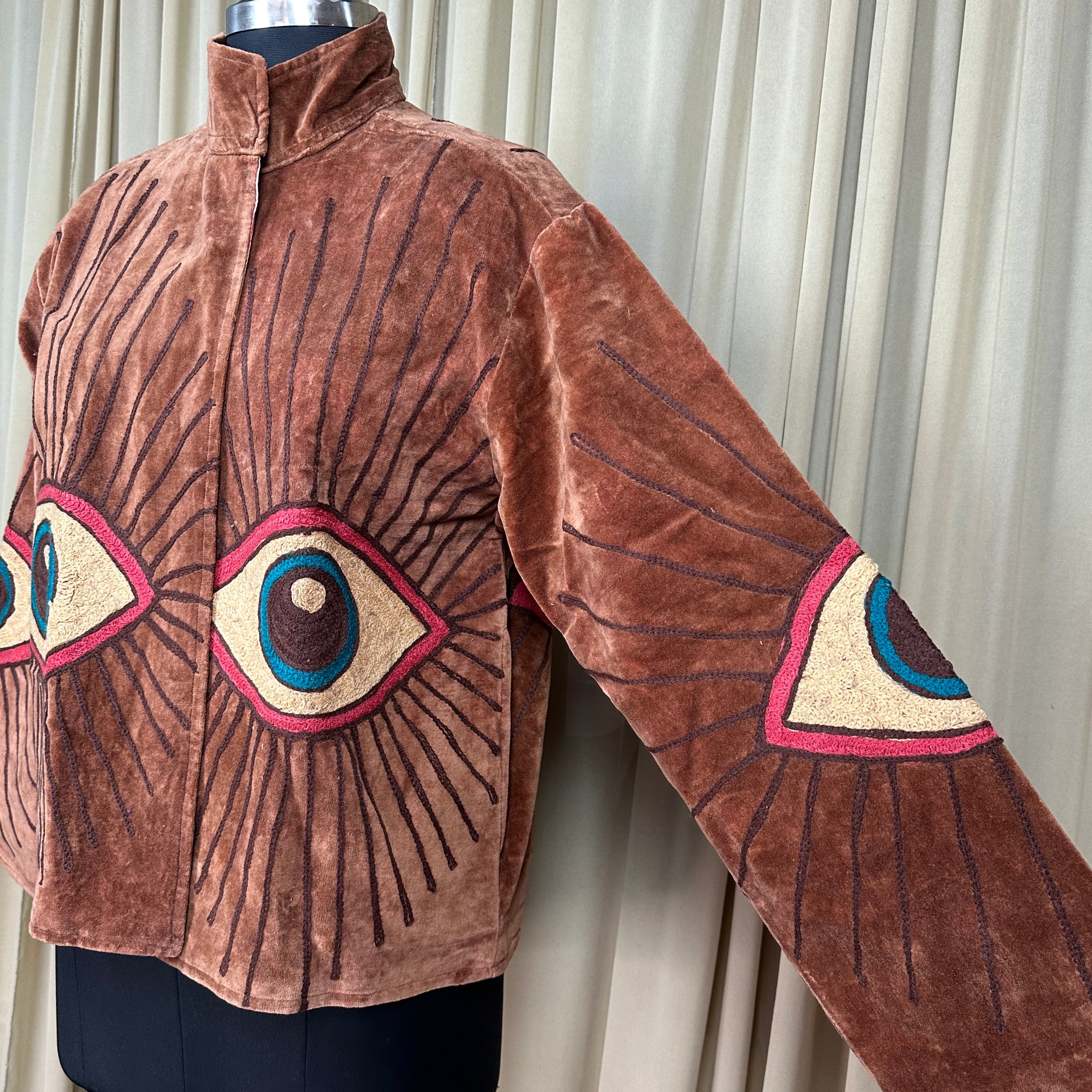 Boho Hand Embroidered Velvet Suzani Jacket | Brown Geometric Open Front Coat Winter Wear Free Size Retro Chic Free Size Robe Blazer for Her