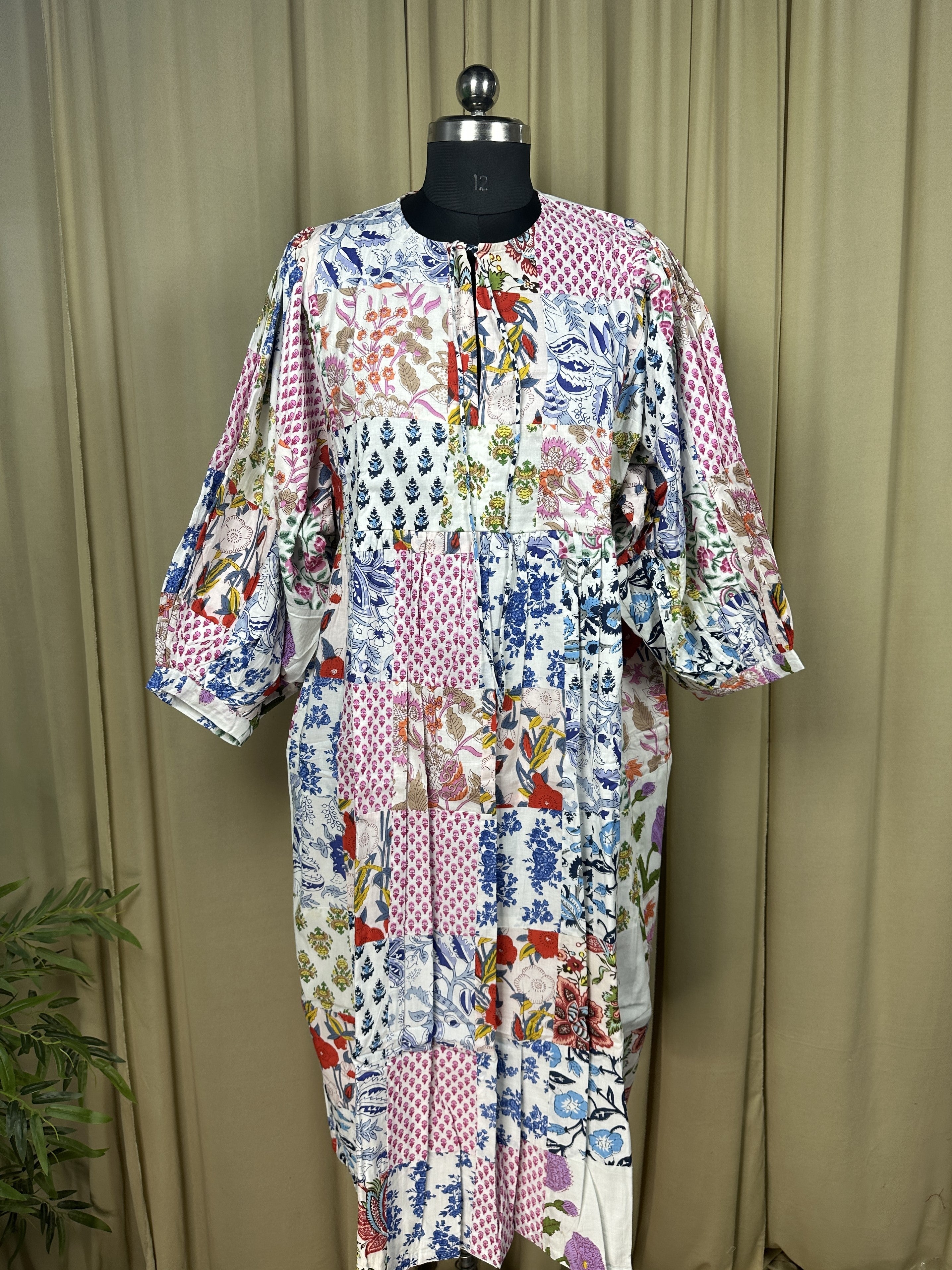 Boho Maxi Dress With Sleeves | Handmade Patchwork Long Flowy Beach Dress, One-of-a-kind Elegant Retro Outfit, Modest Gown with Pockets
